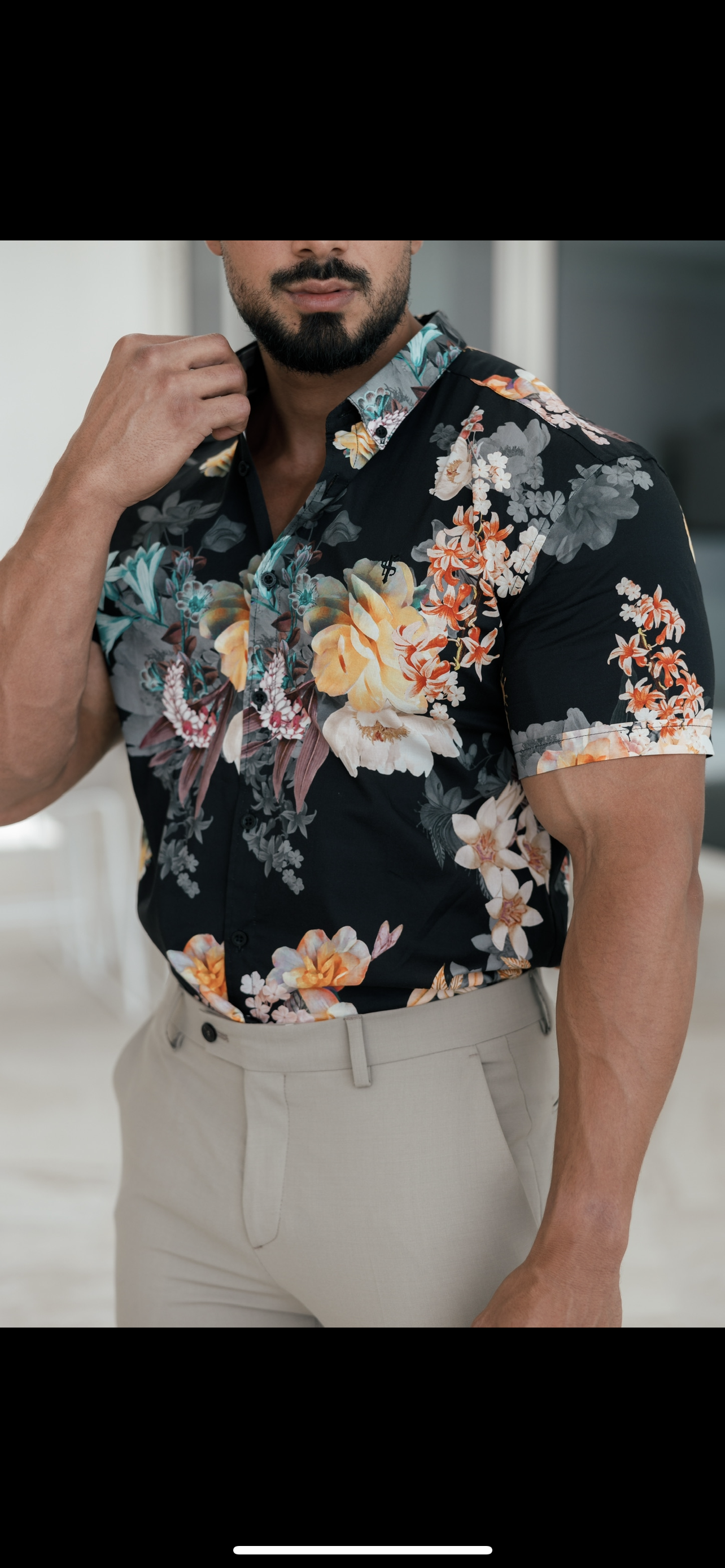 Super Slim Stretch Black Mixed Lily Floral Print Short Sleeve with Button Down Collar - FS855