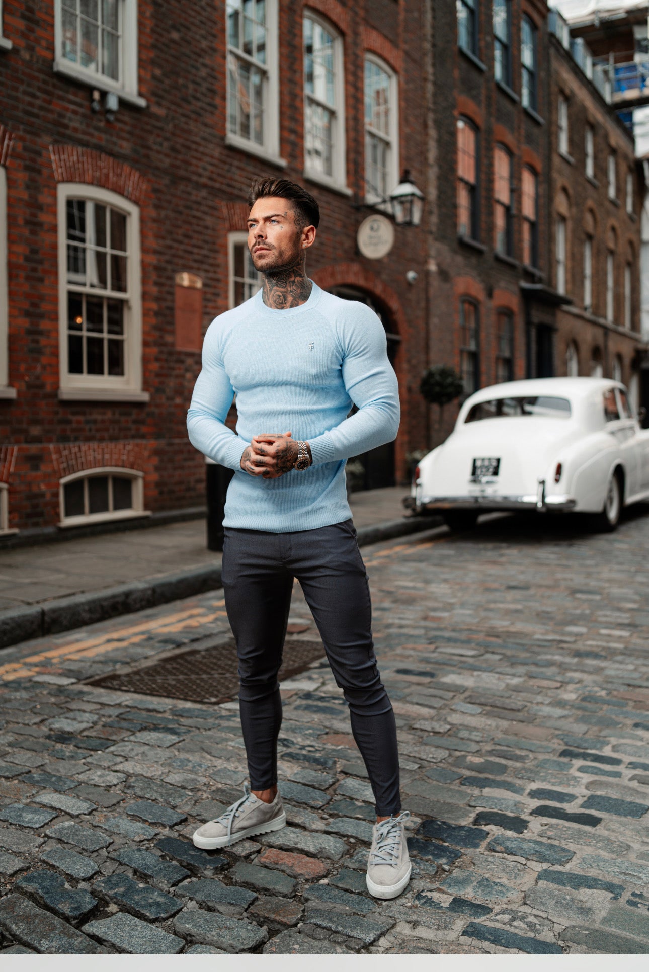 Sky Blue Knitted Honeycomb Raglan Crew Super Slim Jumper With Metal Decal - FSN067