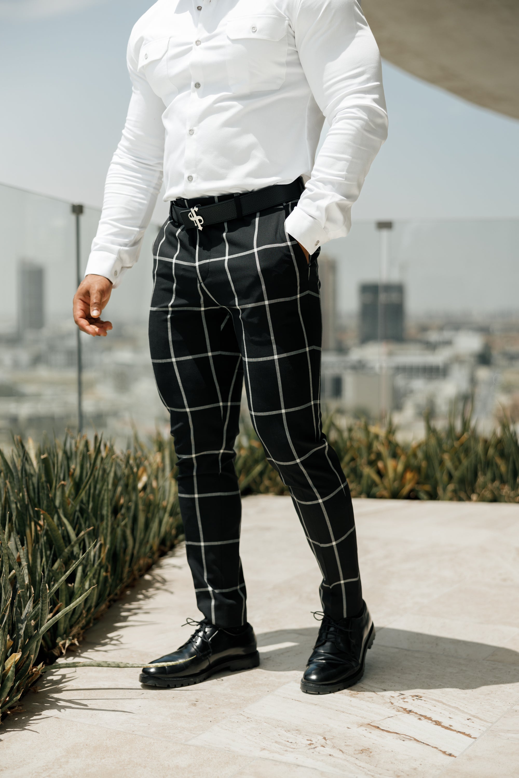 Slim Formal Black and Ecru Large Check Stretch Trousers - FST015