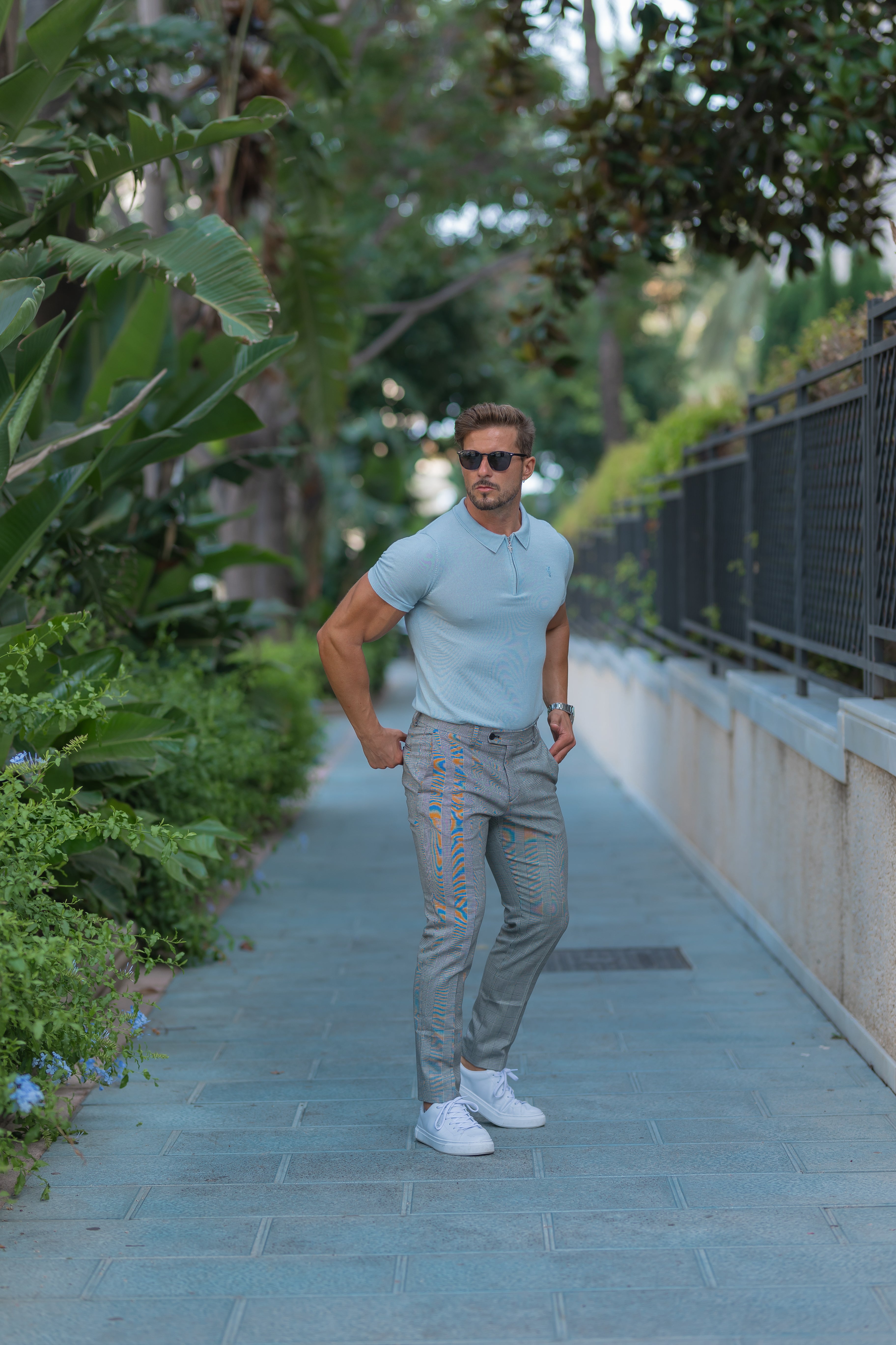 Slim Formal Black / Ecru Prince of Wales Check Stretch Trousers - FSTR012