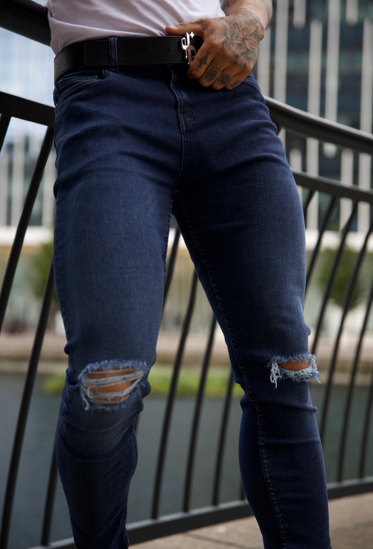 Ultra Stretch Navy Slim Jeans with Knee Rips - FSJEAN004