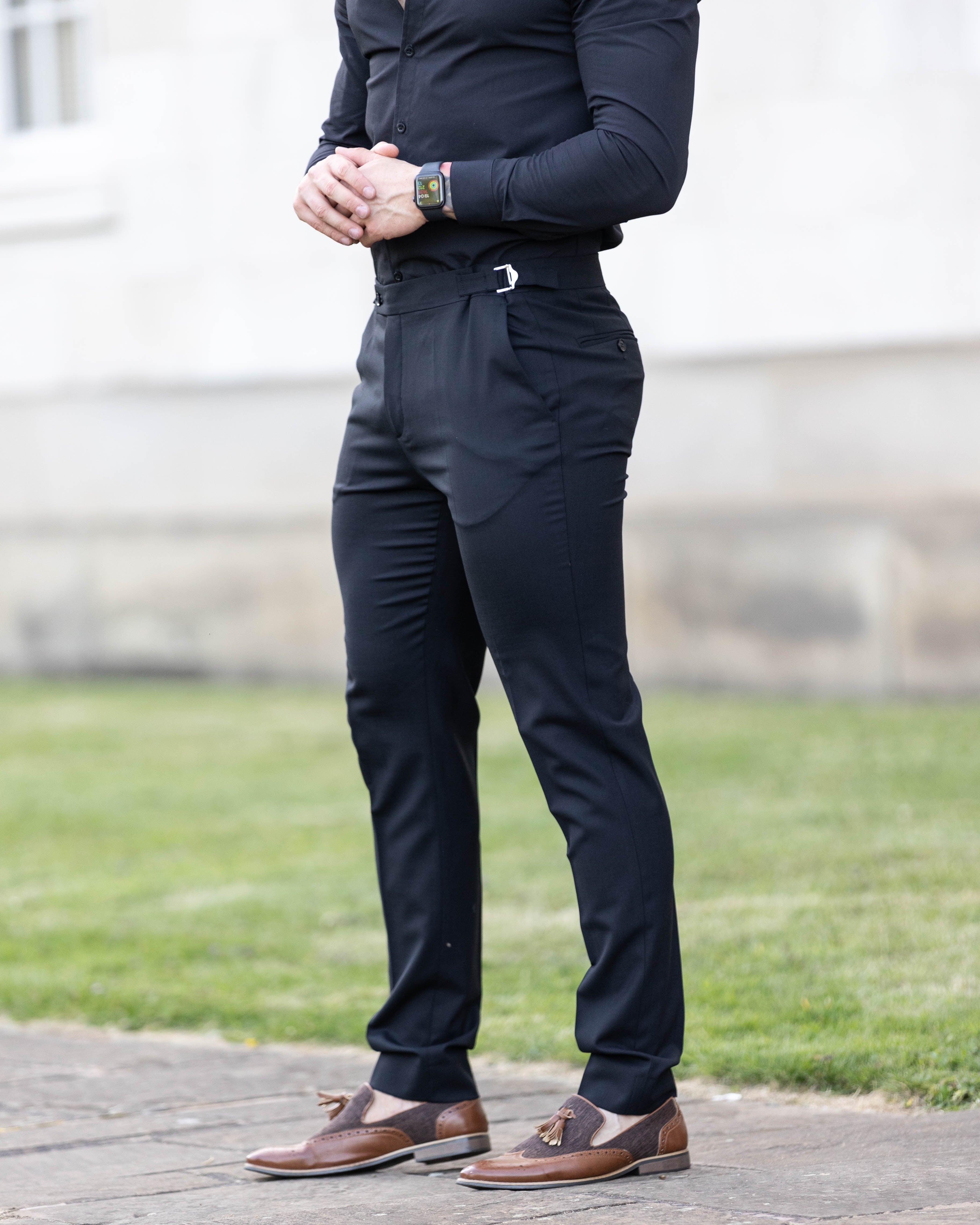 Slim Formal Black Stretch Trousers With Silver Waist Adjusters - FST013