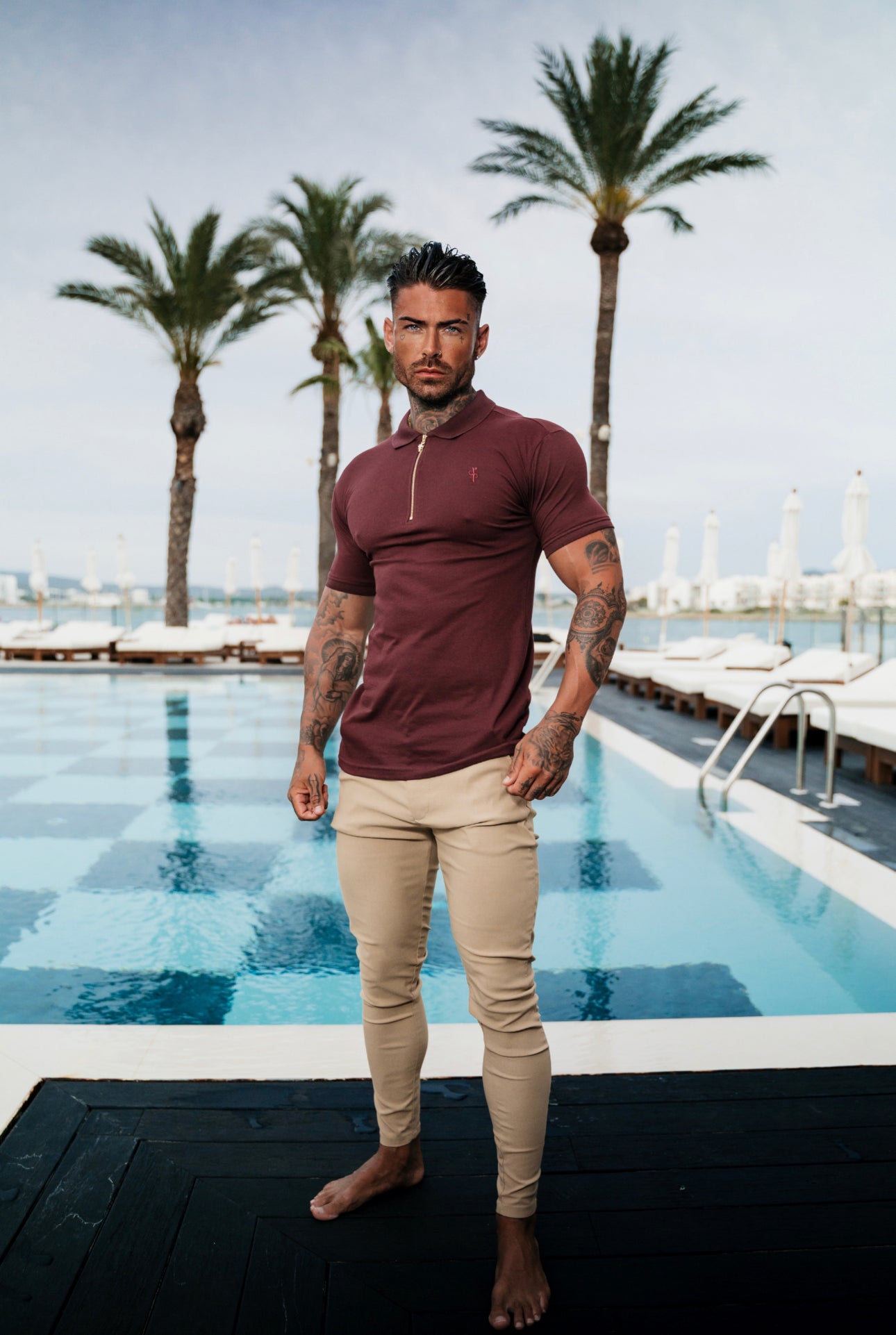 Classic Burgundy and Gold Zipped Polo Shirt - FSH814
