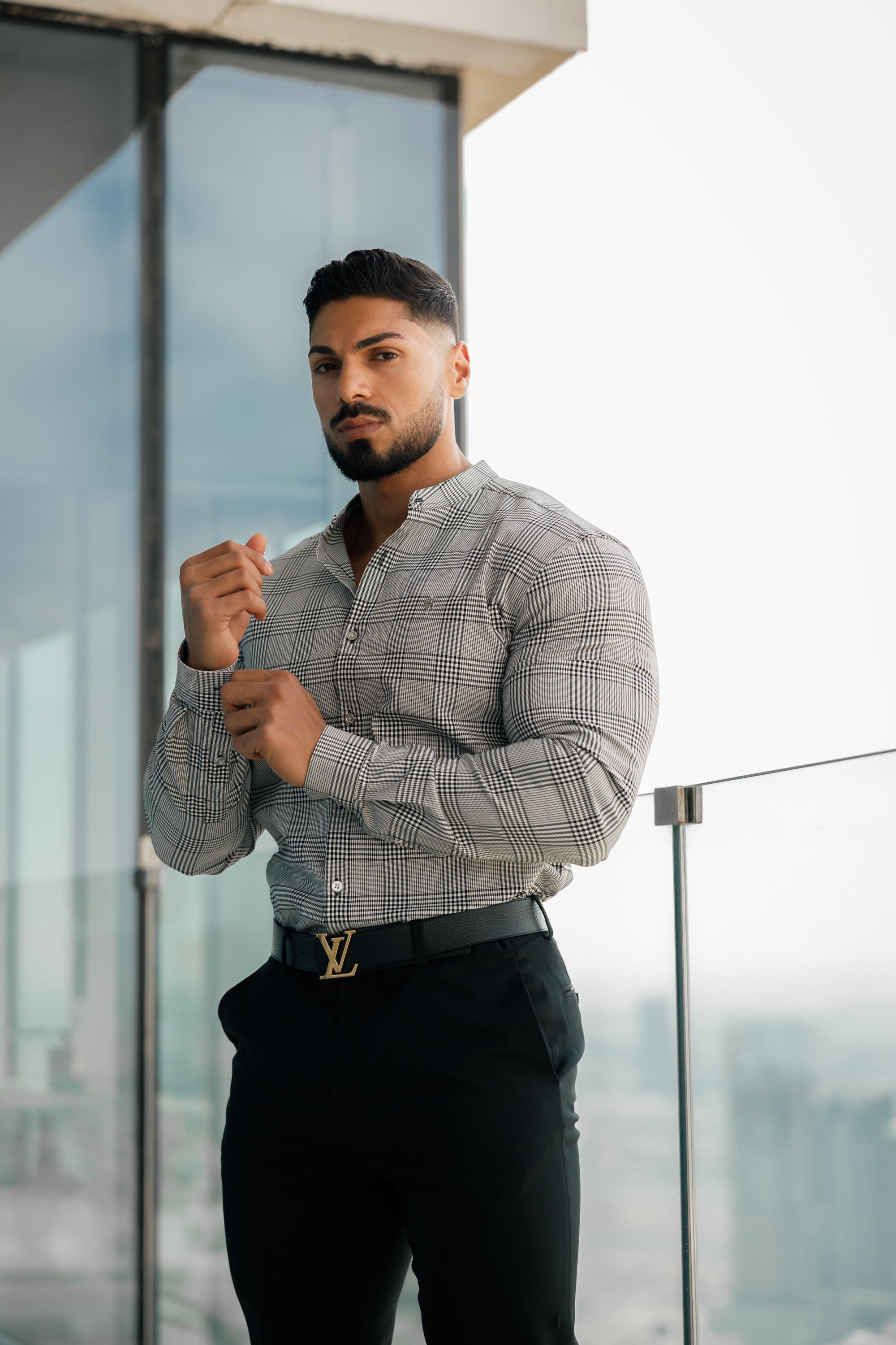 Super Slim Stretch Prince Of Wales White and Black Check Long Sleeve Grandad Collar with Metal Buttons and Emblem- FS733