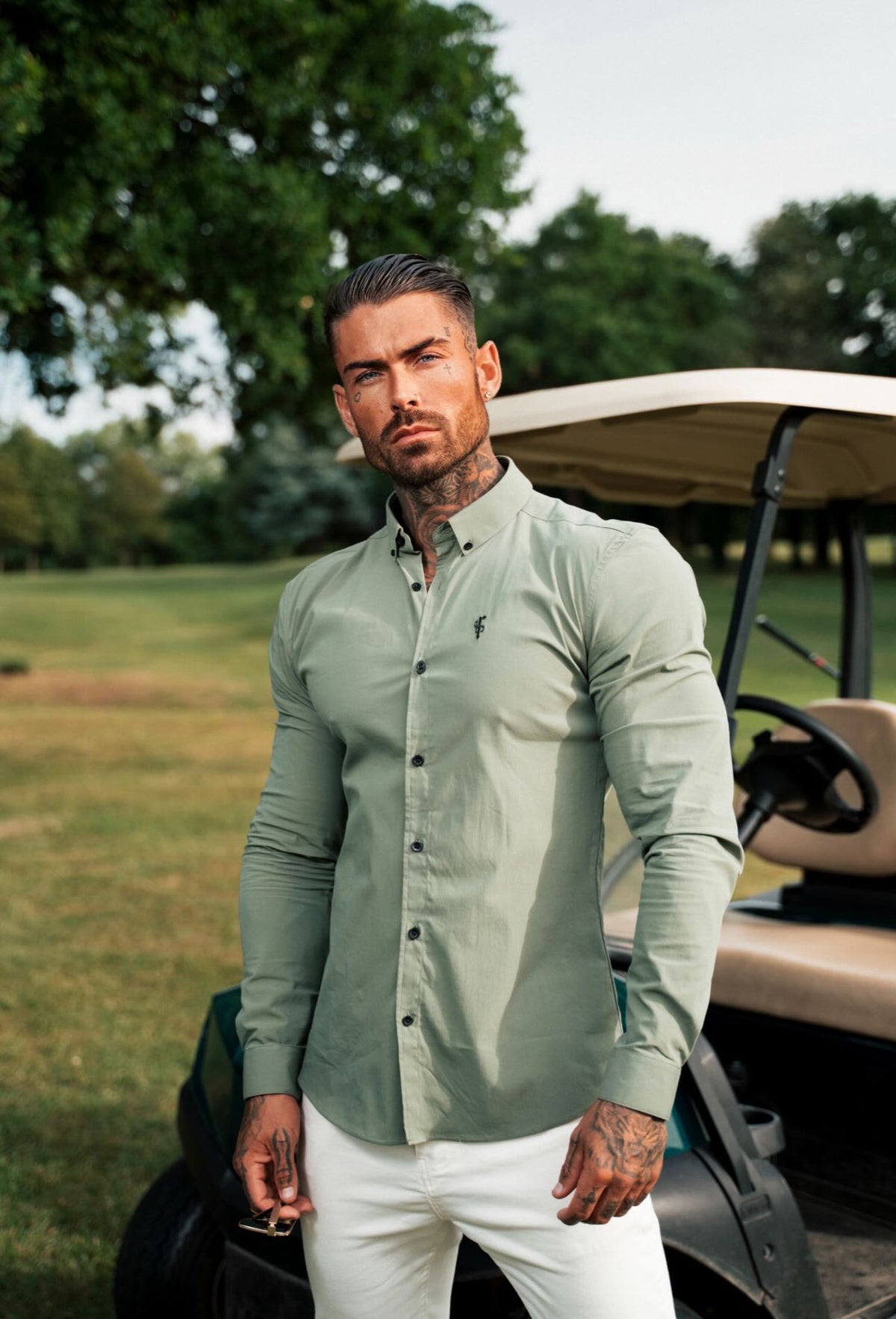 Super Slim Stretch Classic Khaki Long Sleeve With Button Down Collar -