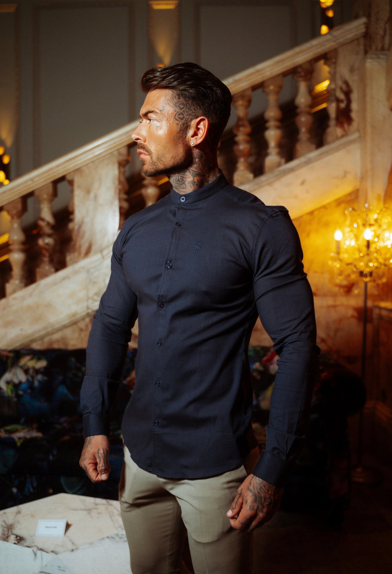Super Slim Stretch Grandad Collar Classic Navy Oxford Long Sleeve - FS583