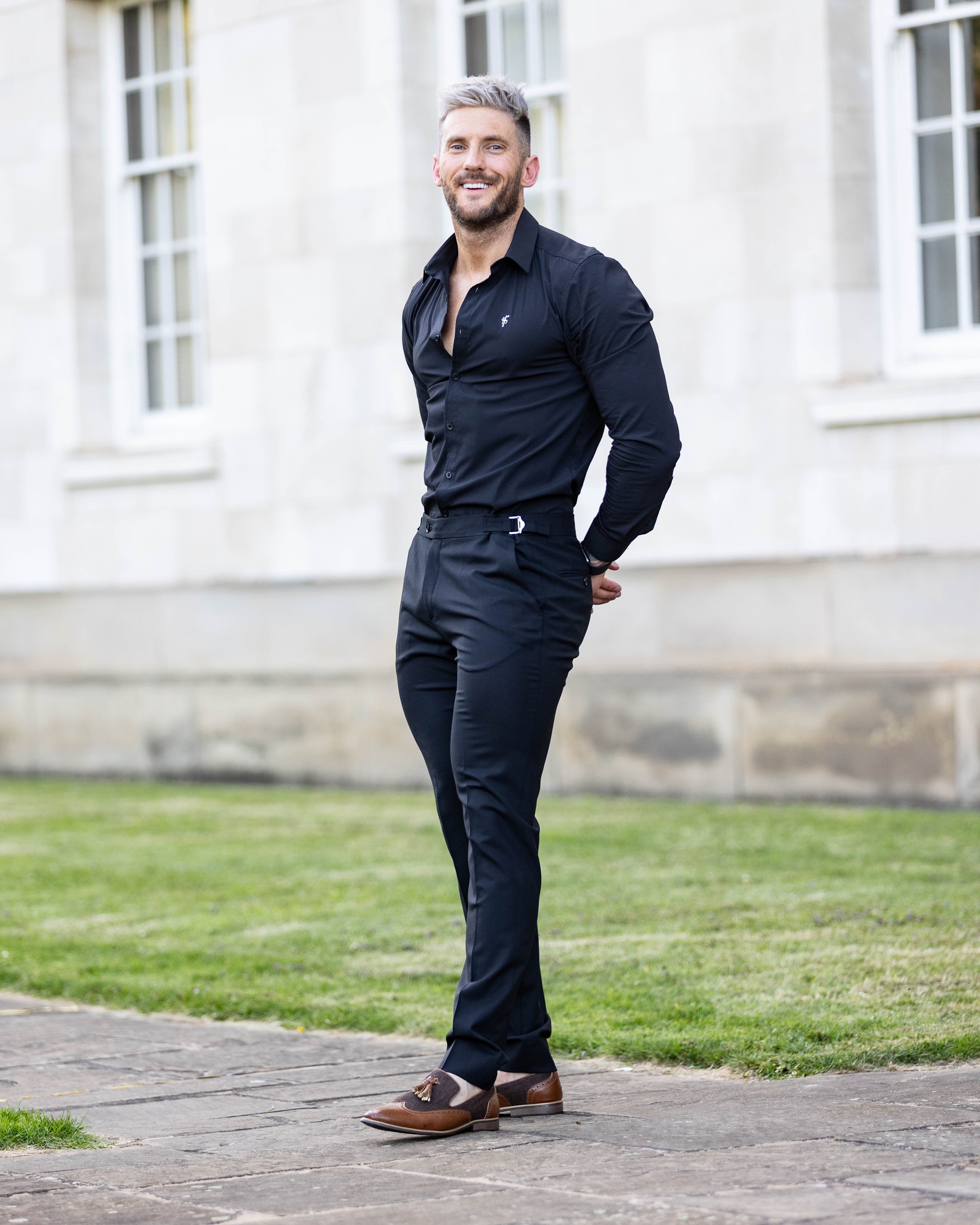 Slim Formal Black Stretch Trousers With Silver Waist Adjusters - FST013