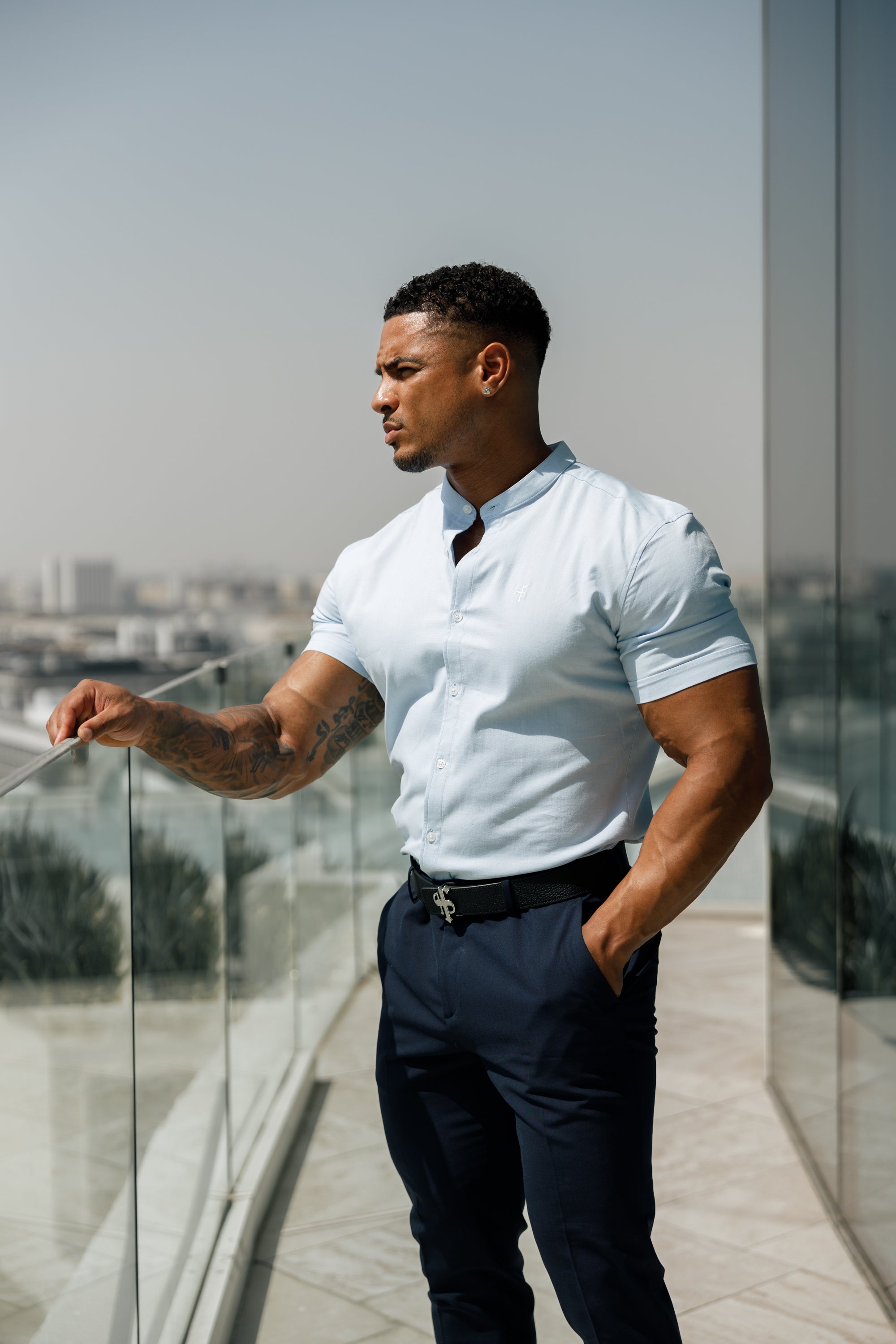 Super Slim Stretch Classic Oxford Light Blue Short Sleeve with Grandad Collar - FS937