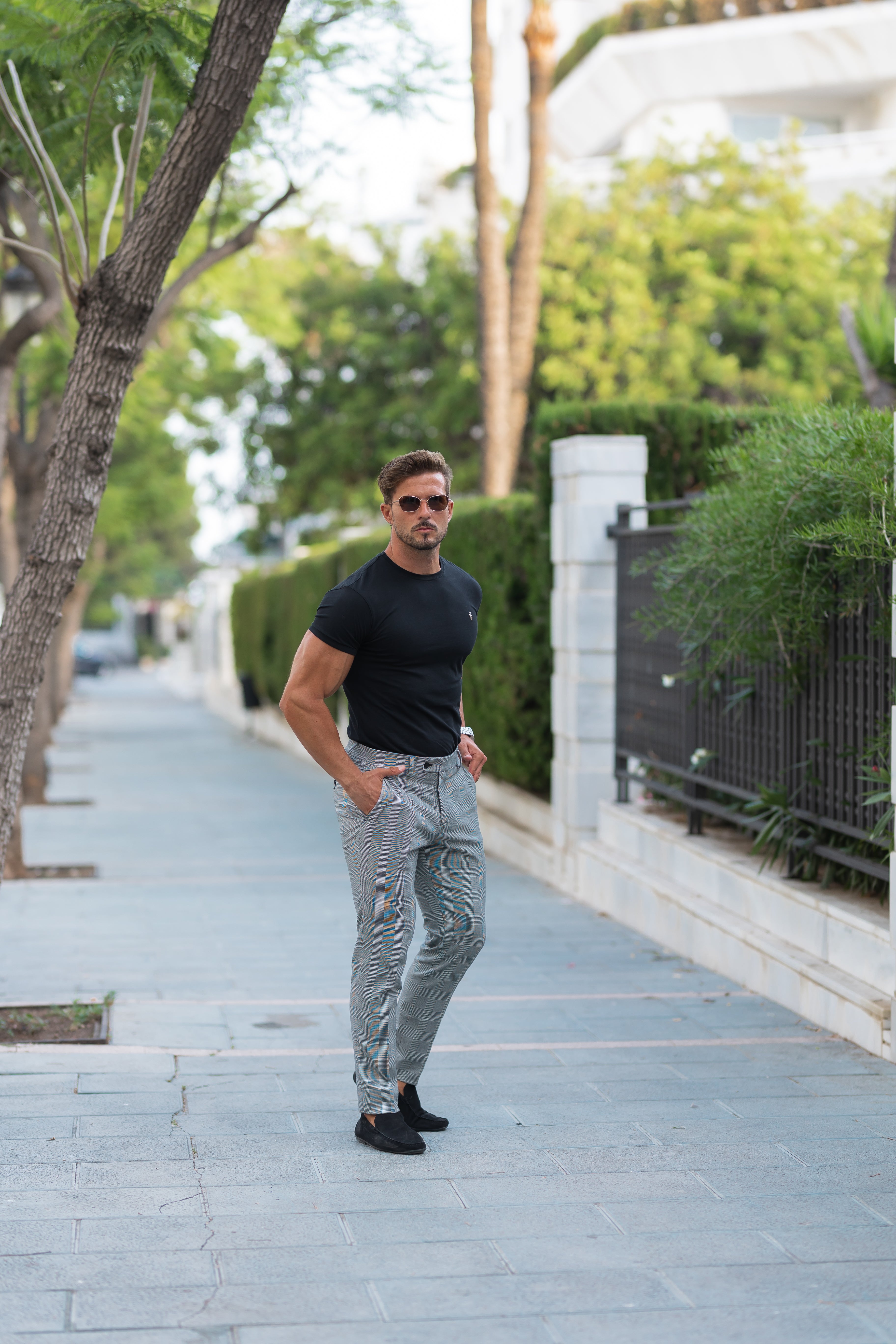 Slim Formal Black / Ecru Prince of Wales Check Stretch Trousers - FSTR012