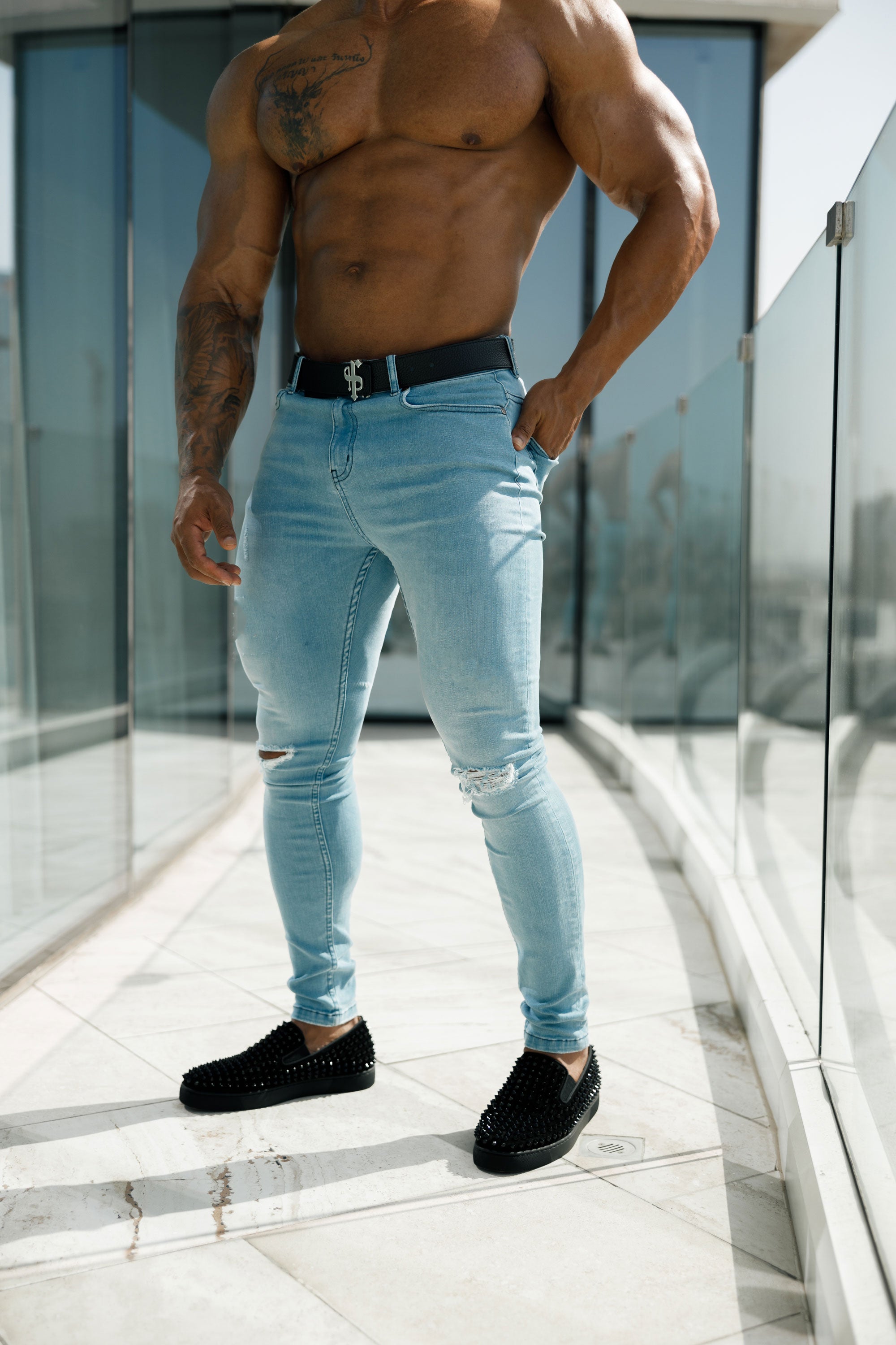 Ultra Stretch Navy Bleached Slim Jeans with Knee Rips - FSJEAN005