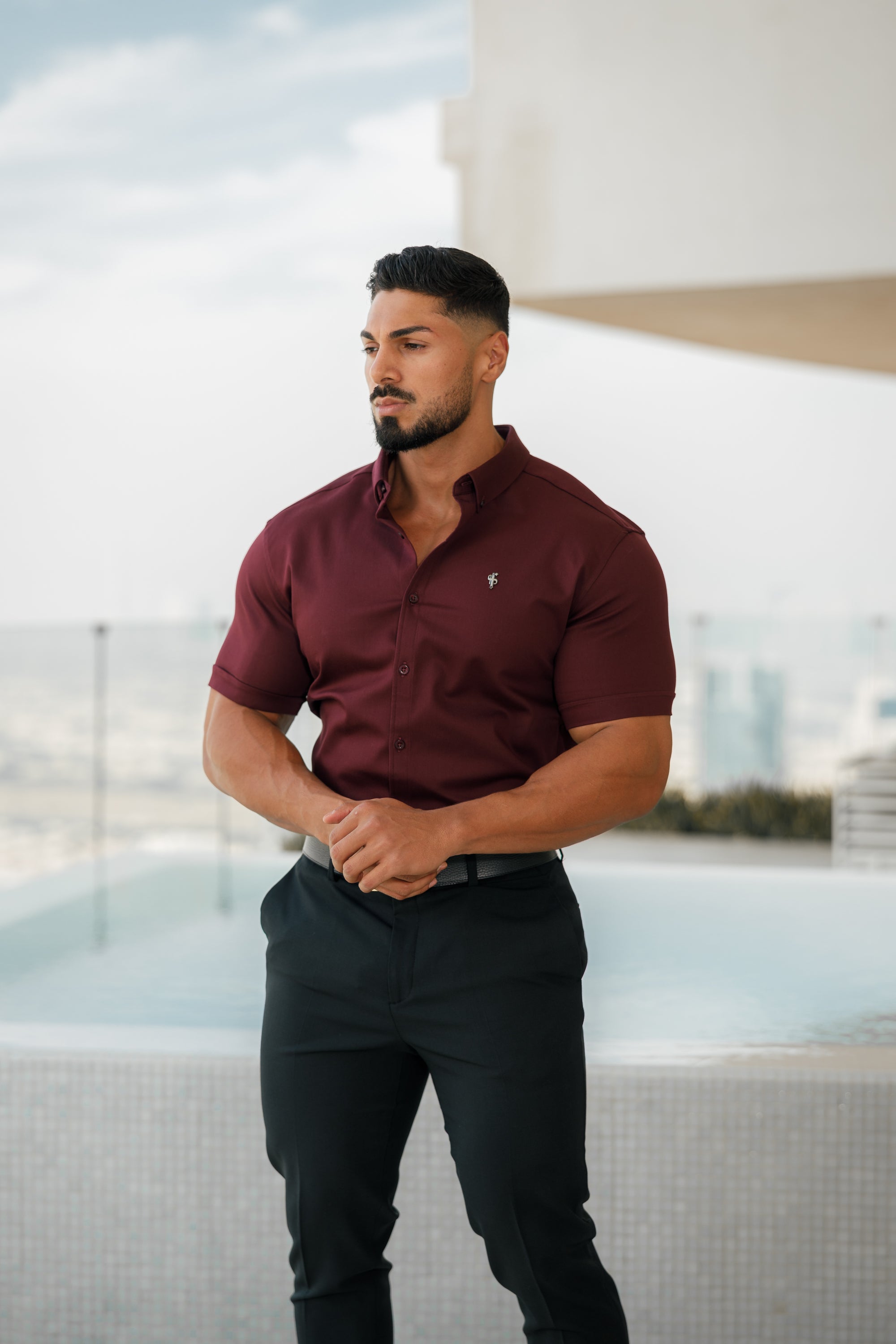 Super Slim Stretch Burgundy Denim Short Sleeve with Metal Decal Emblem - FS629