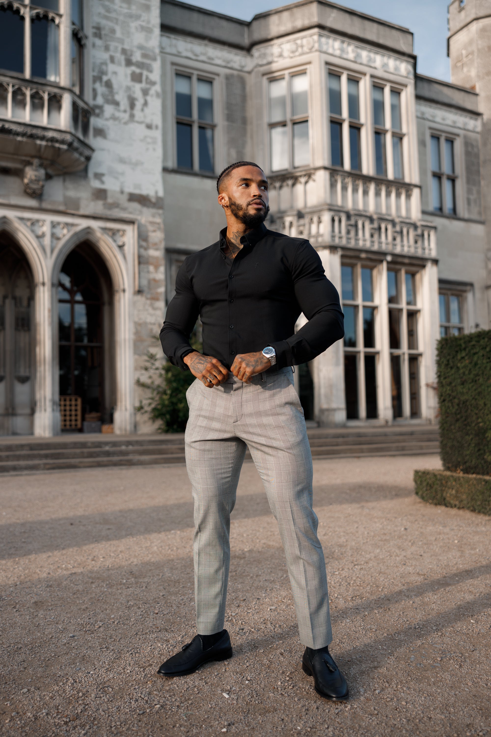 Slim Formal Grey Prince of Wales Check Stretch Trousers - FSTR011