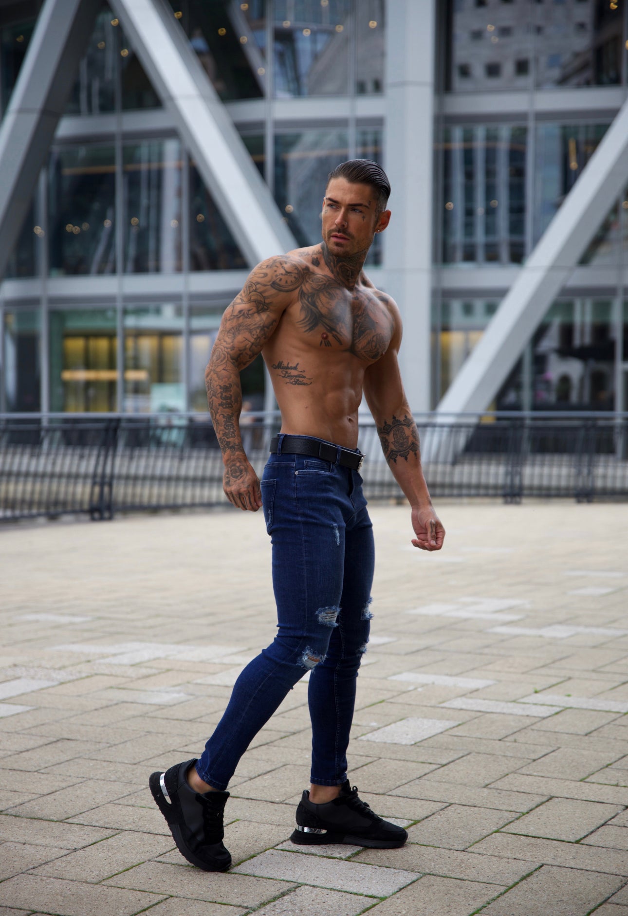 Ultra Stretch Navy Slim Jeans with Distressed Rips - FSJEAN006