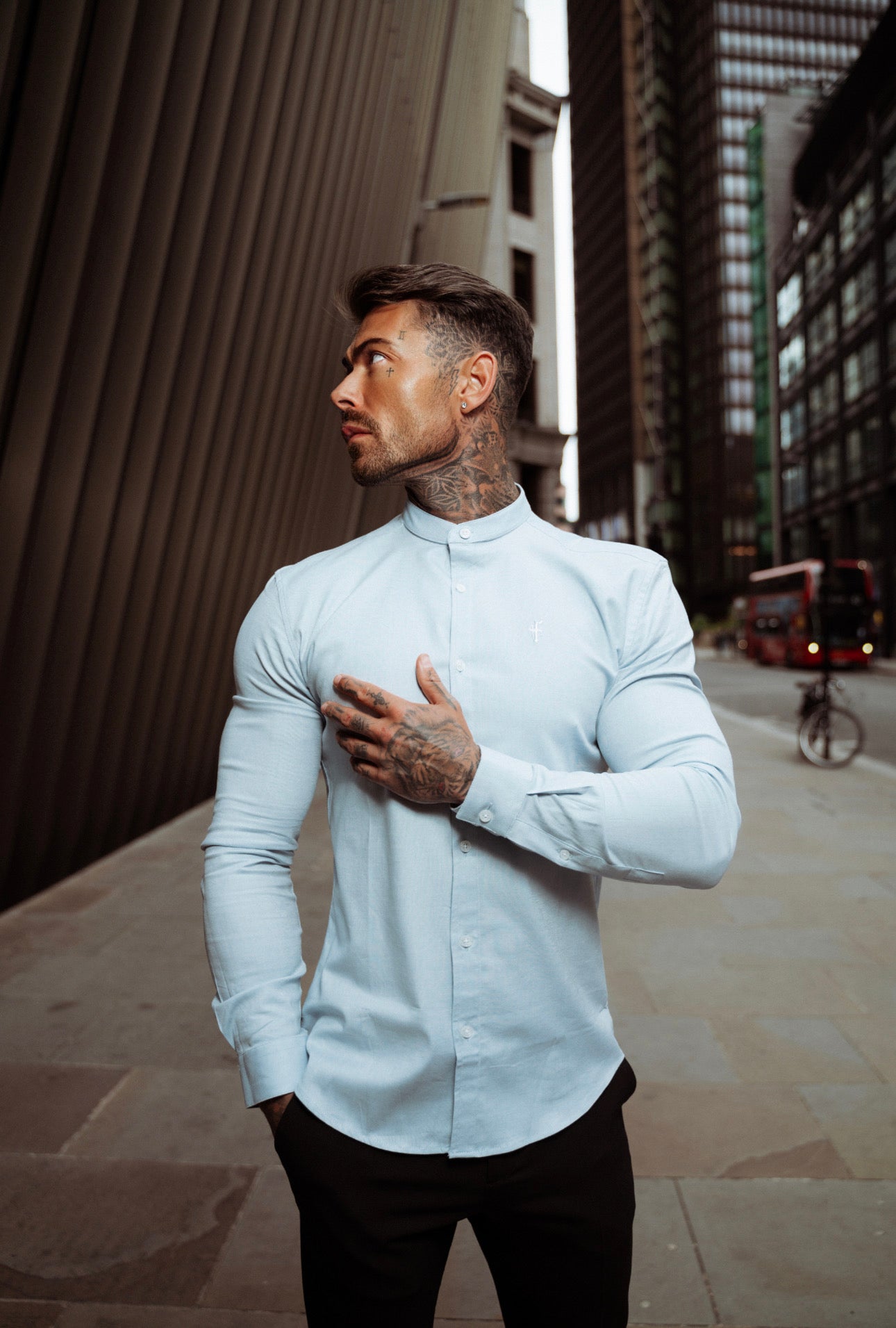 Super Slim Stretch Classic Oxford Light Blue with Grandad Collar - FS938
