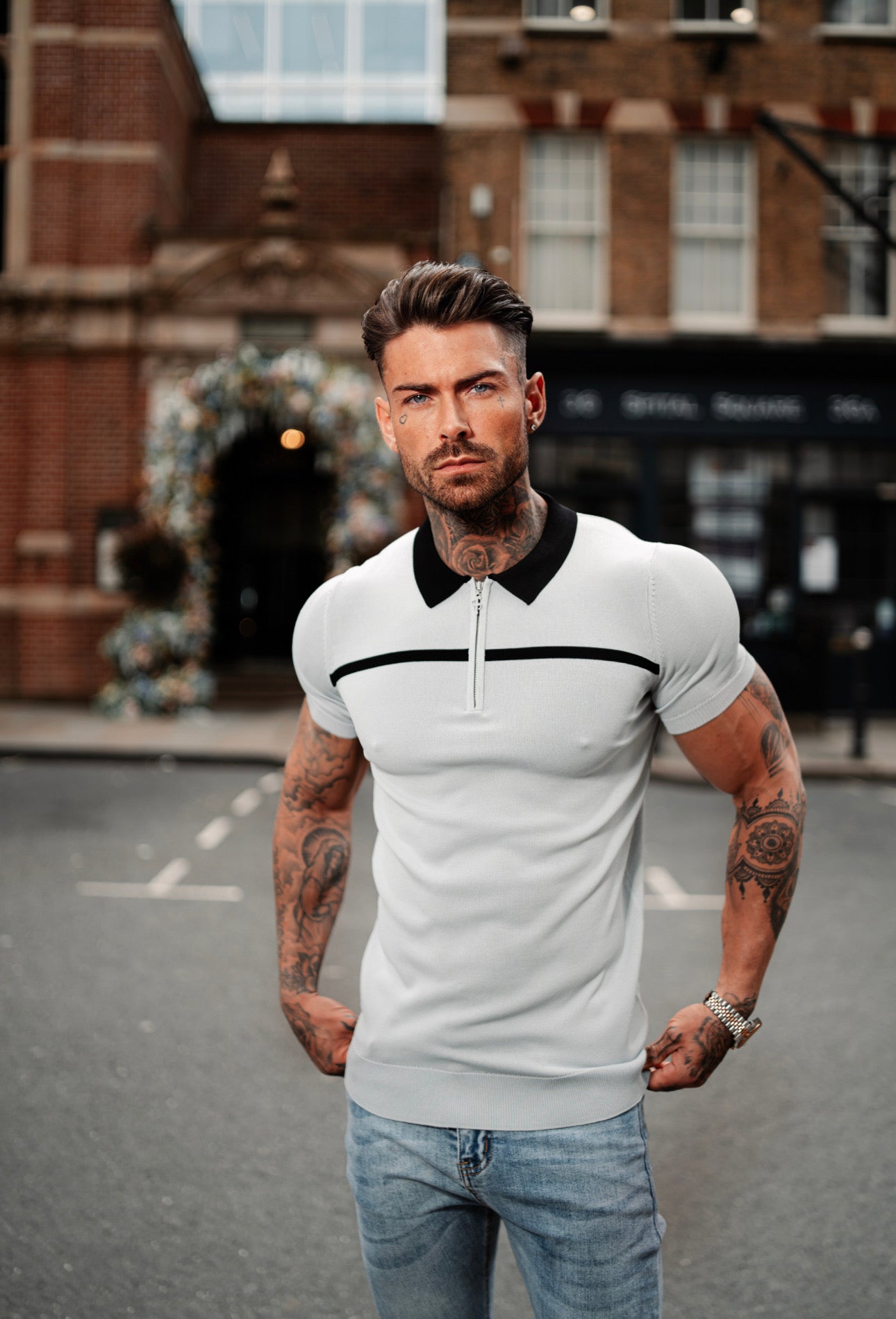 Classic Silver Grey / Black Horizontal Stripe Zipped Polo Short Sleeve - FSN040