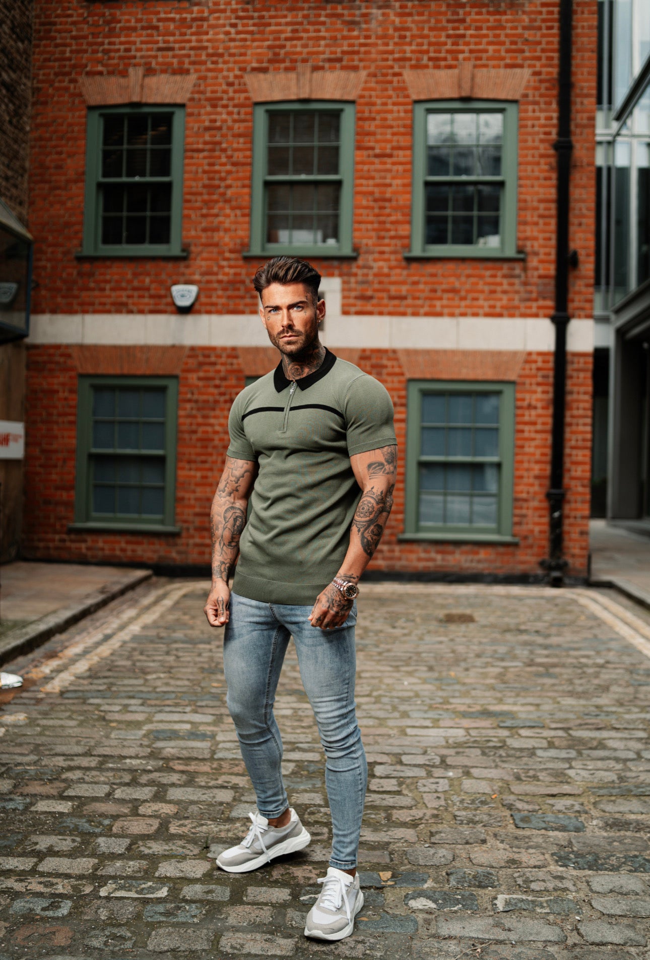 Classic Khaki / Black Horizontal Stripe Zipped Polo Short Sleeve - FSN042
