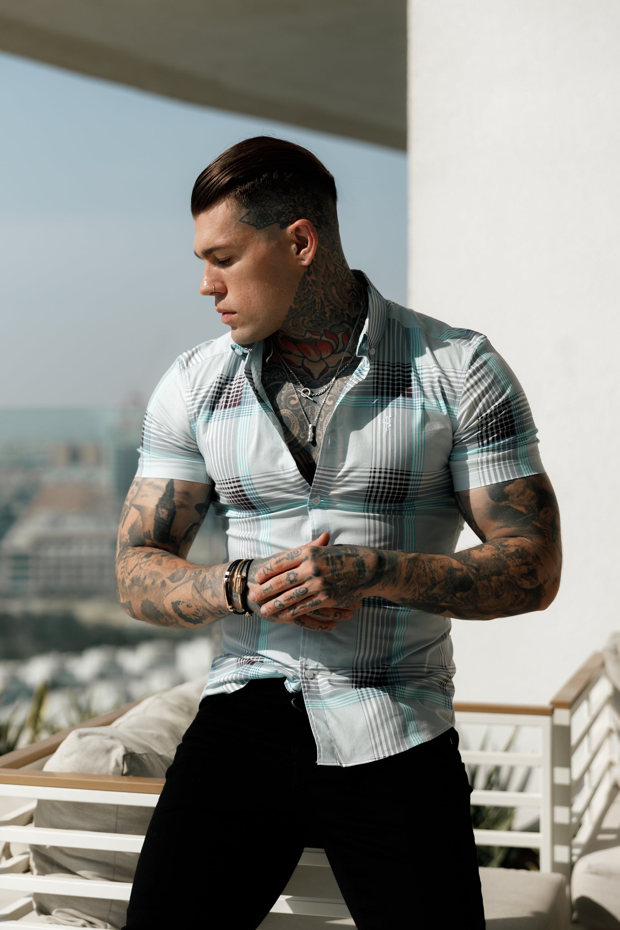 Super Slim Stretch Aqua Check Print Short Sleeve with Button Down Collar - FS915