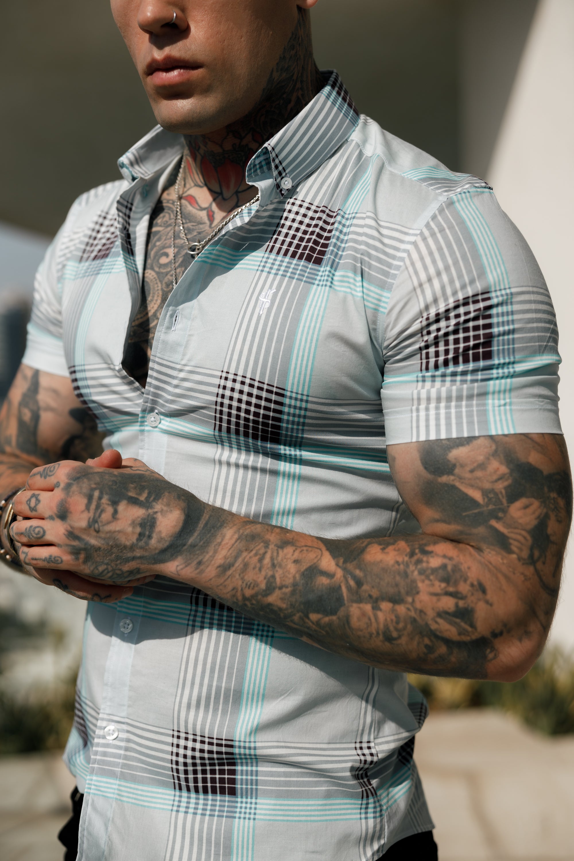 Super Slim Stretch Aqua Check Print Short Sleeve with Button Down Collar - FS915