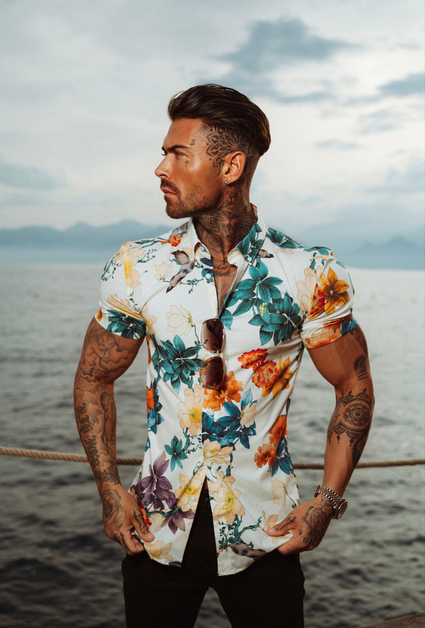 Father Sons Super Slim Stretch Ecru with Vibrant Floral Print Short Sleeve with Button Down Collar - FS865
