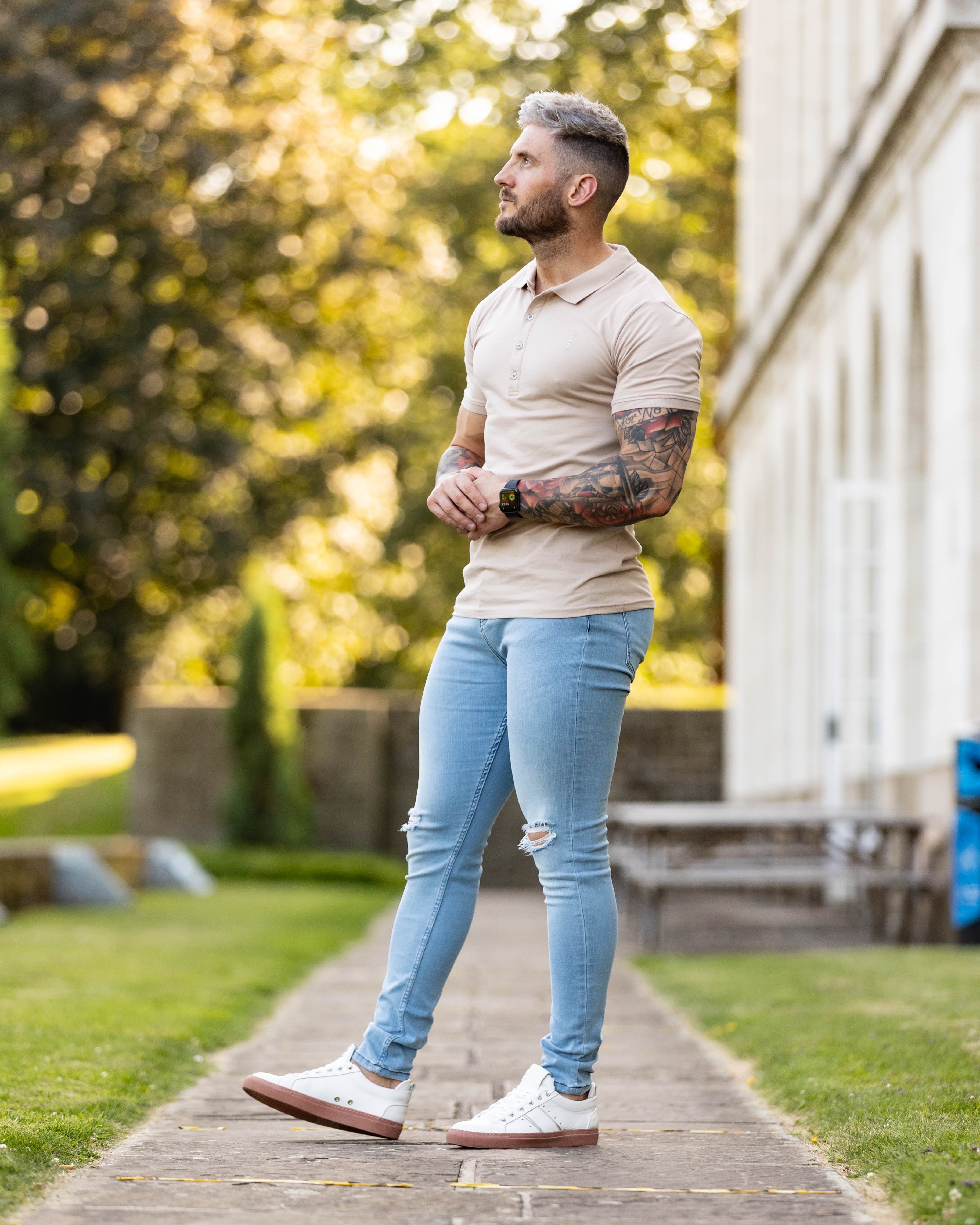 Ultra Stretch Navy Bleached Slim Jeans with Knee Rips - FSJEAN005