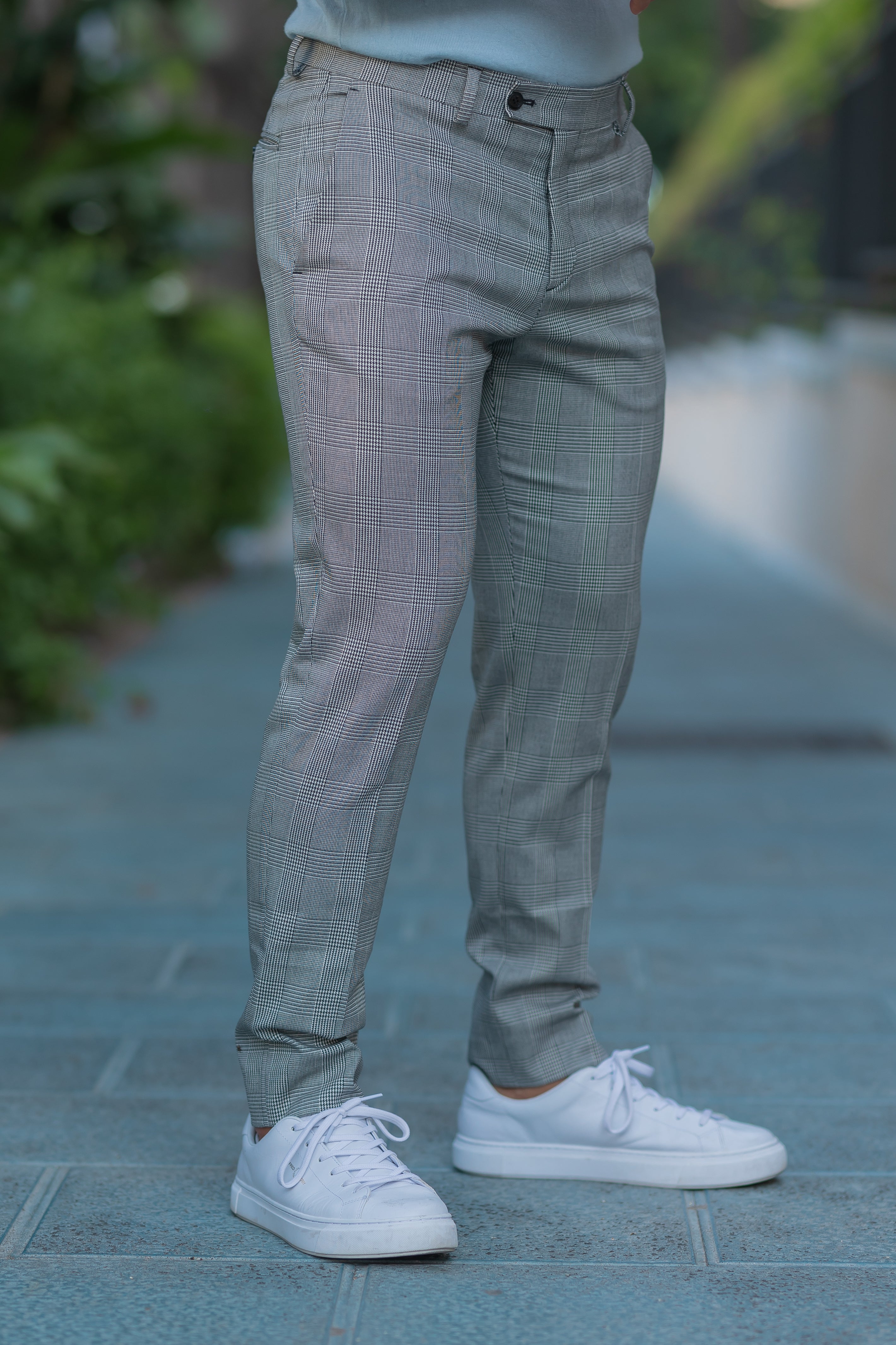 Slim Formal Black / Ecru Prince of Wales Check Stretch Trousers - FSTR012