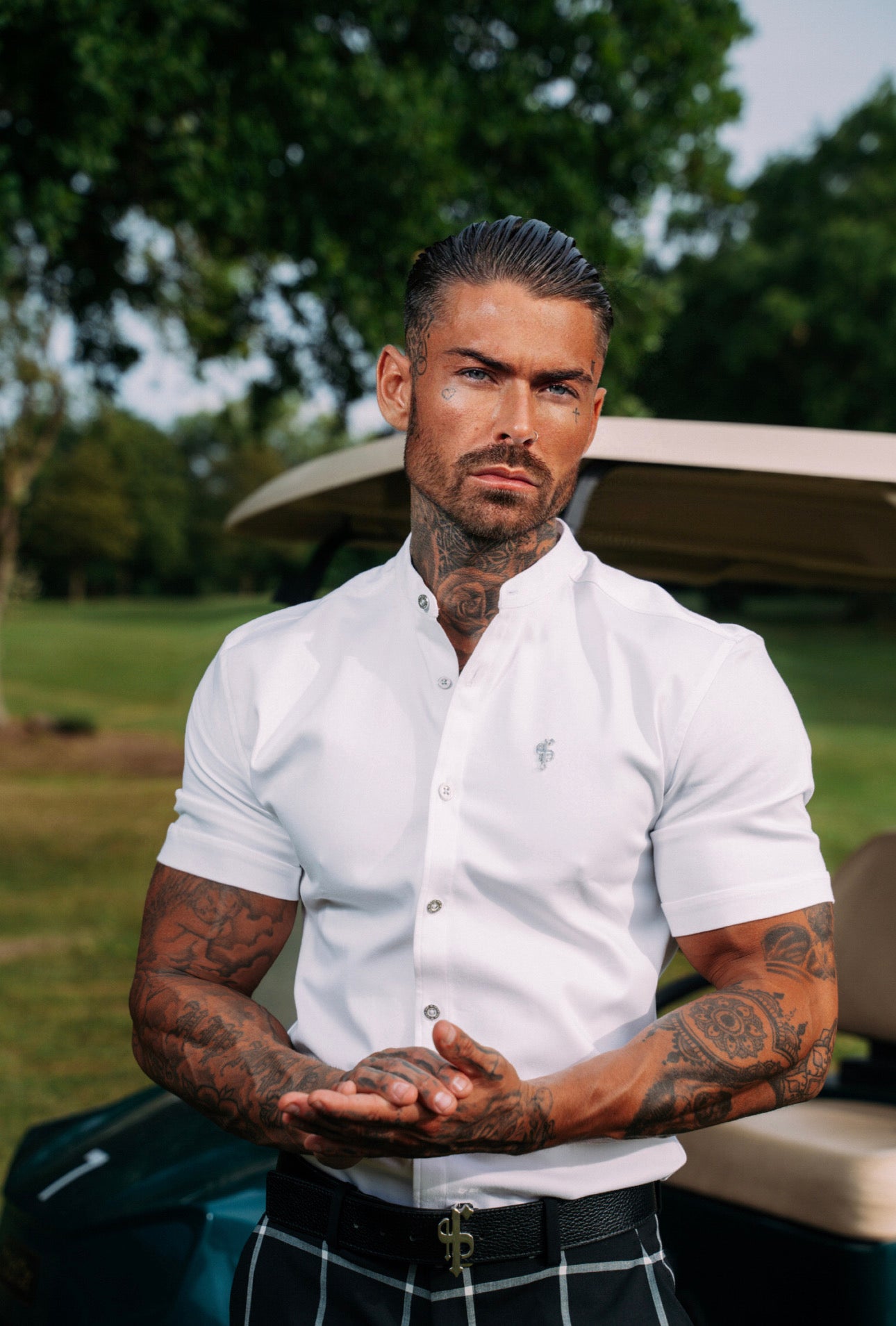 Super Slim Stretch White Denim Short Sleeve Grandad collar with Silver Metal Buttons and Decal Emblem - FS762