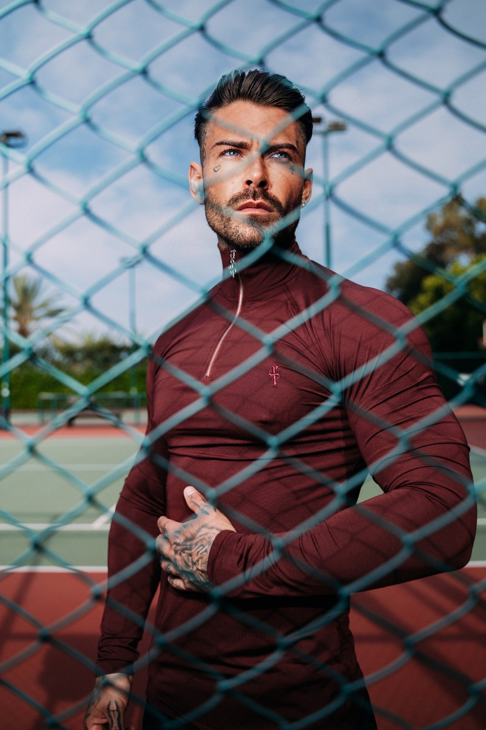 Long Sleeve Burgundy Half Zip Gym Top - FSH733