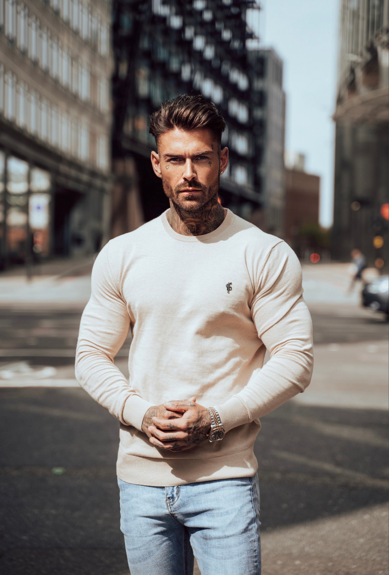 Classic Beige Light Weight Knitted Crew Neck with Black Metal Decal - FSN094