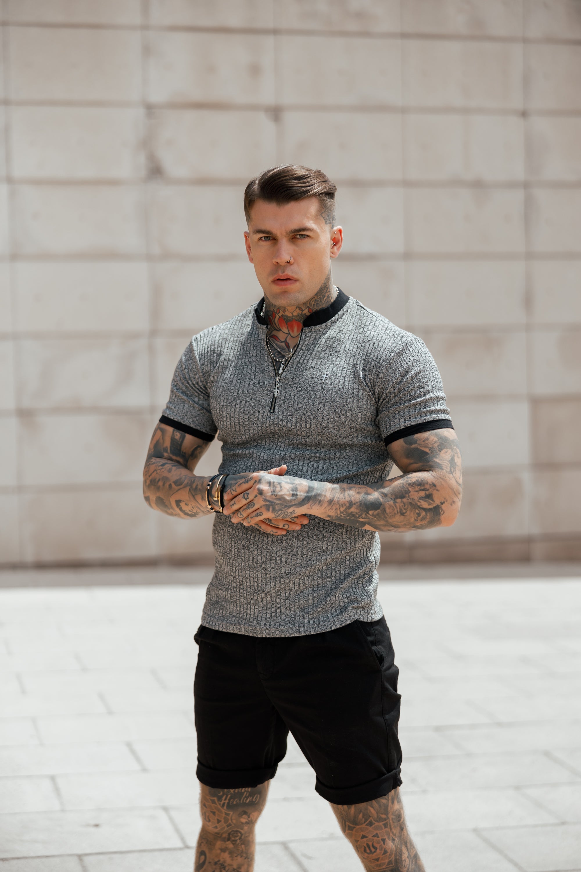 Classic Grey Ribbed Zip Grandad Collar Shirt Short Sleeve - FSH762