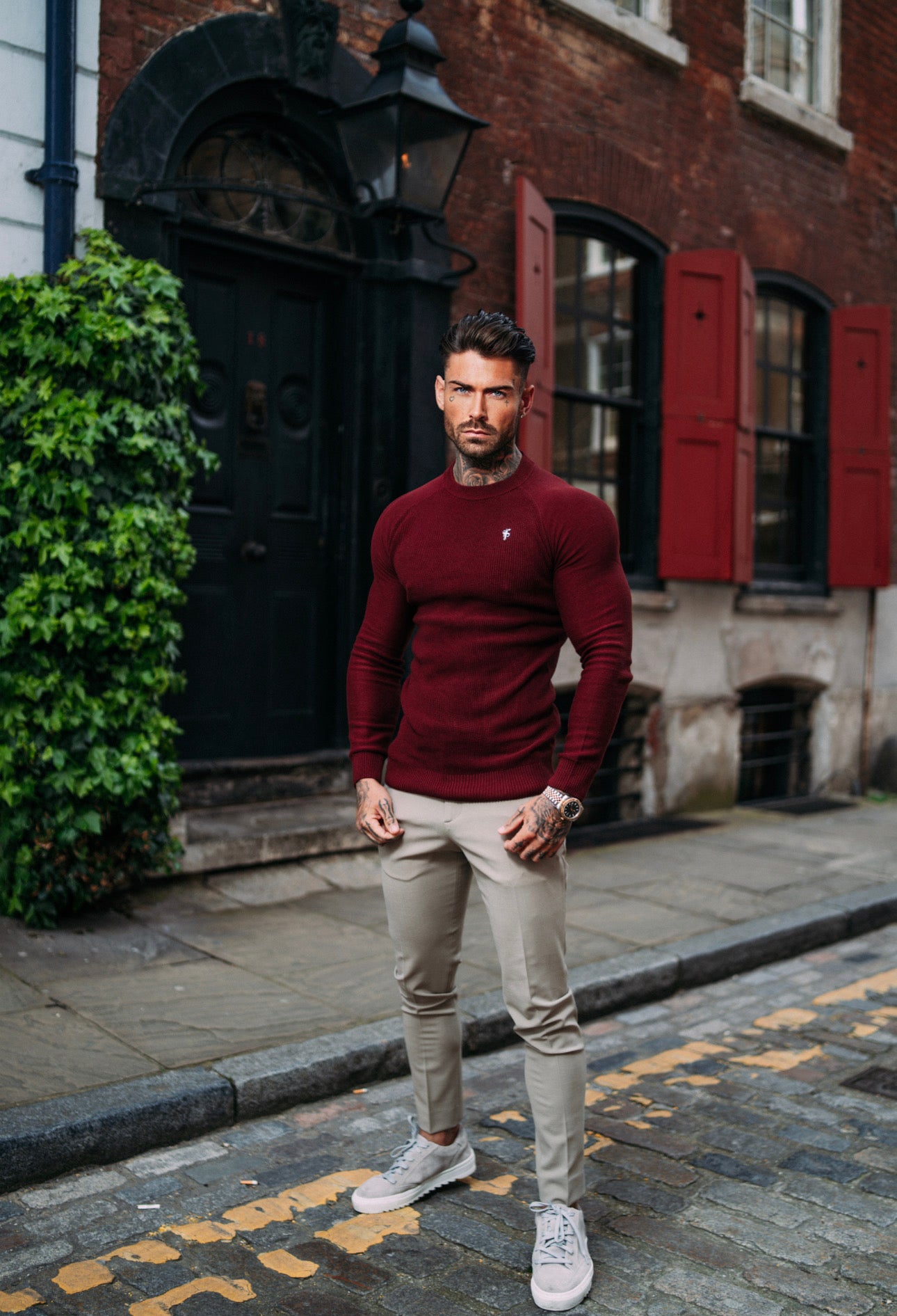 Burgundy Knitted Honeycomb Raglan Crew Super Slim Jumper With Metal Decal - FSN065
