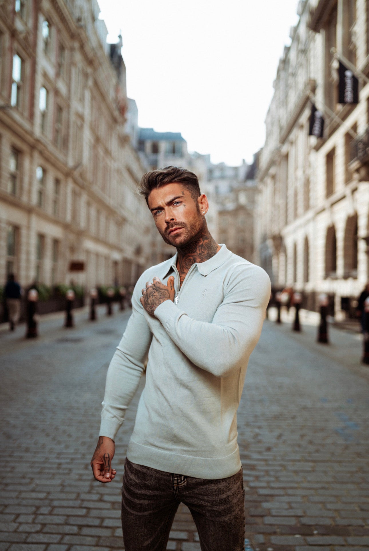 Classic Grey Merino Wool Knitted Zip Polo Long Sleeve Jumper With FS Embroidery- FSN009
