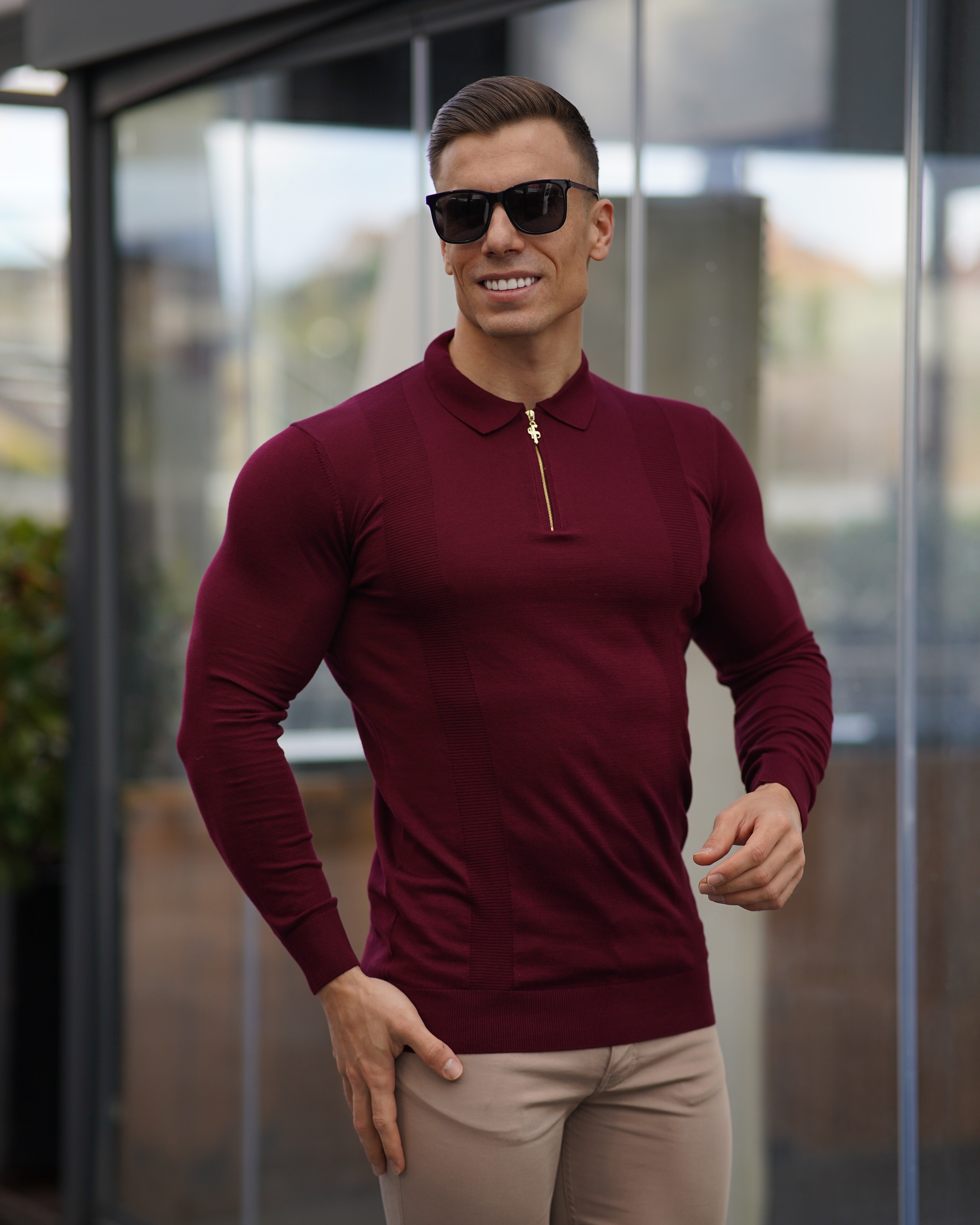 Classic Burgundy and Gold Zip Knitted Long Sleeve Polo Shirt - FSH566