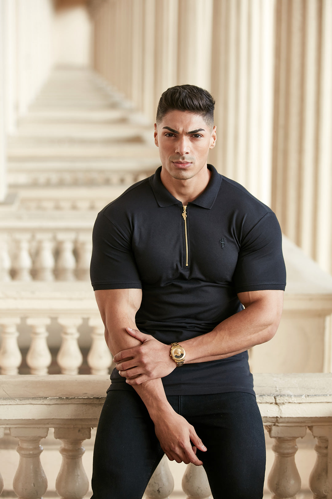 Classic Black and Gold Zipped Polo Shirt - FSH239