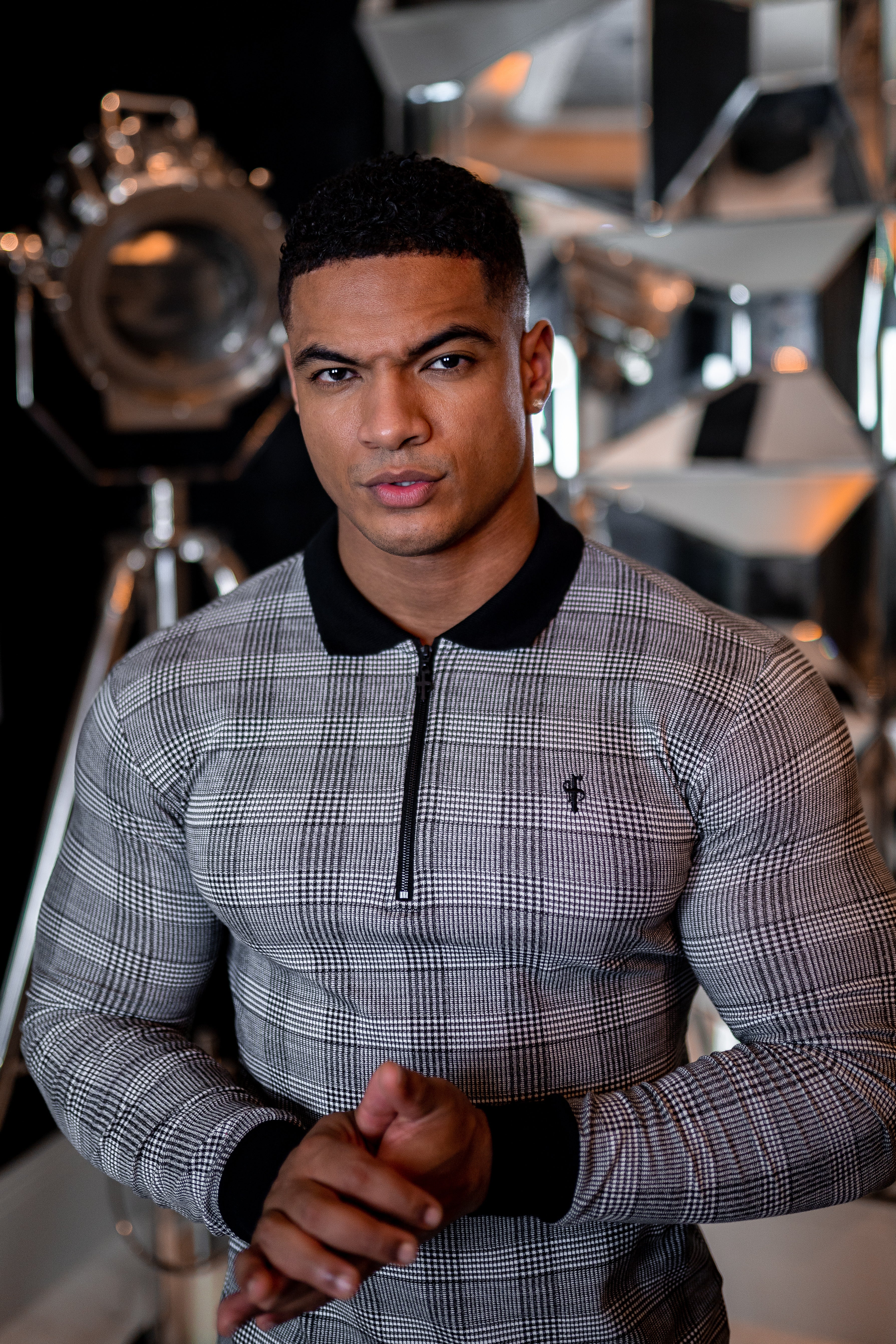 Prince Of Wales Zipped Long Sleeve Polo Shirt- FSH437