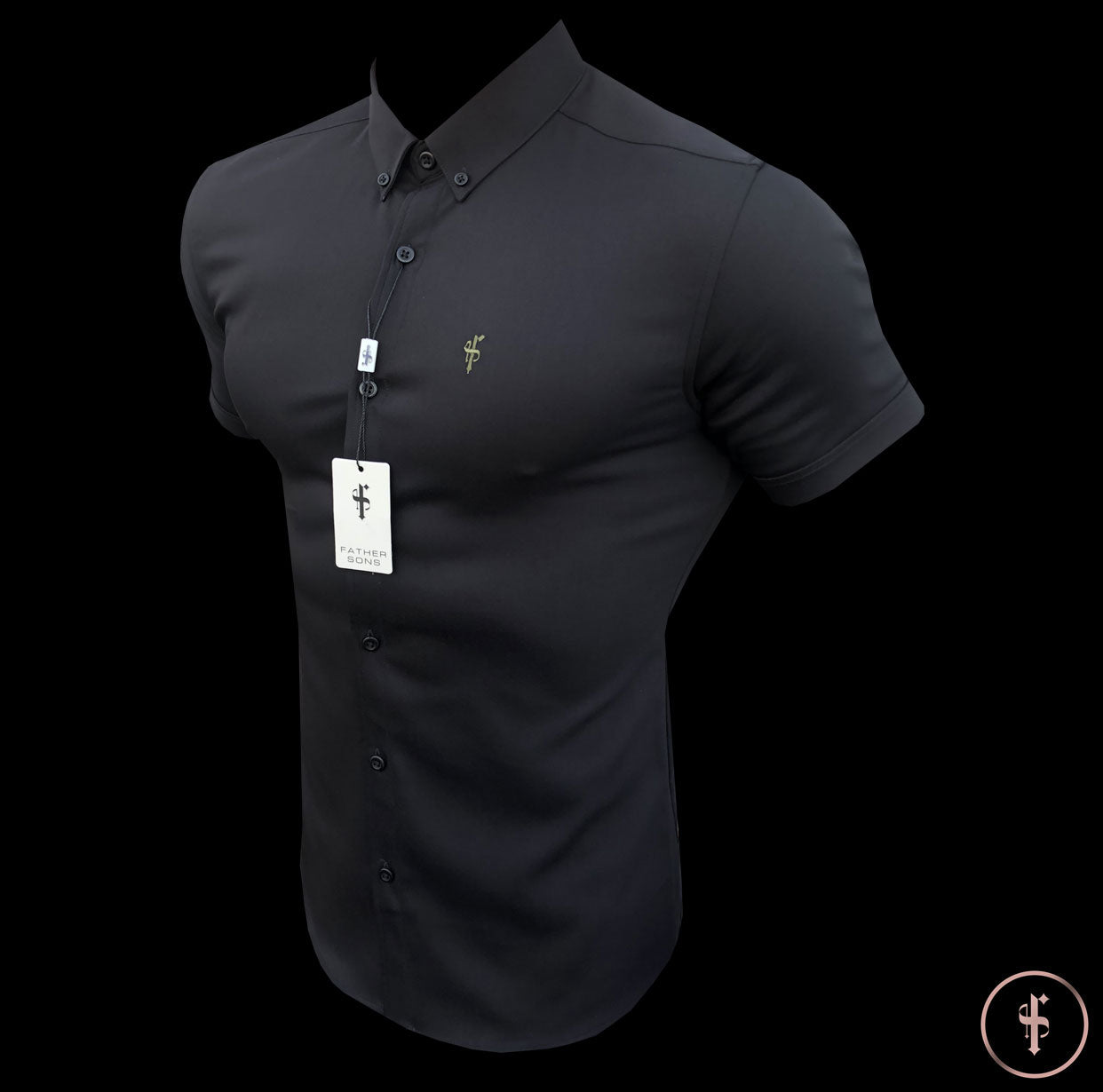 Super Slim Ultra Stretch Classic Black Short Sleeve (Khaki Embroidery) - FS481