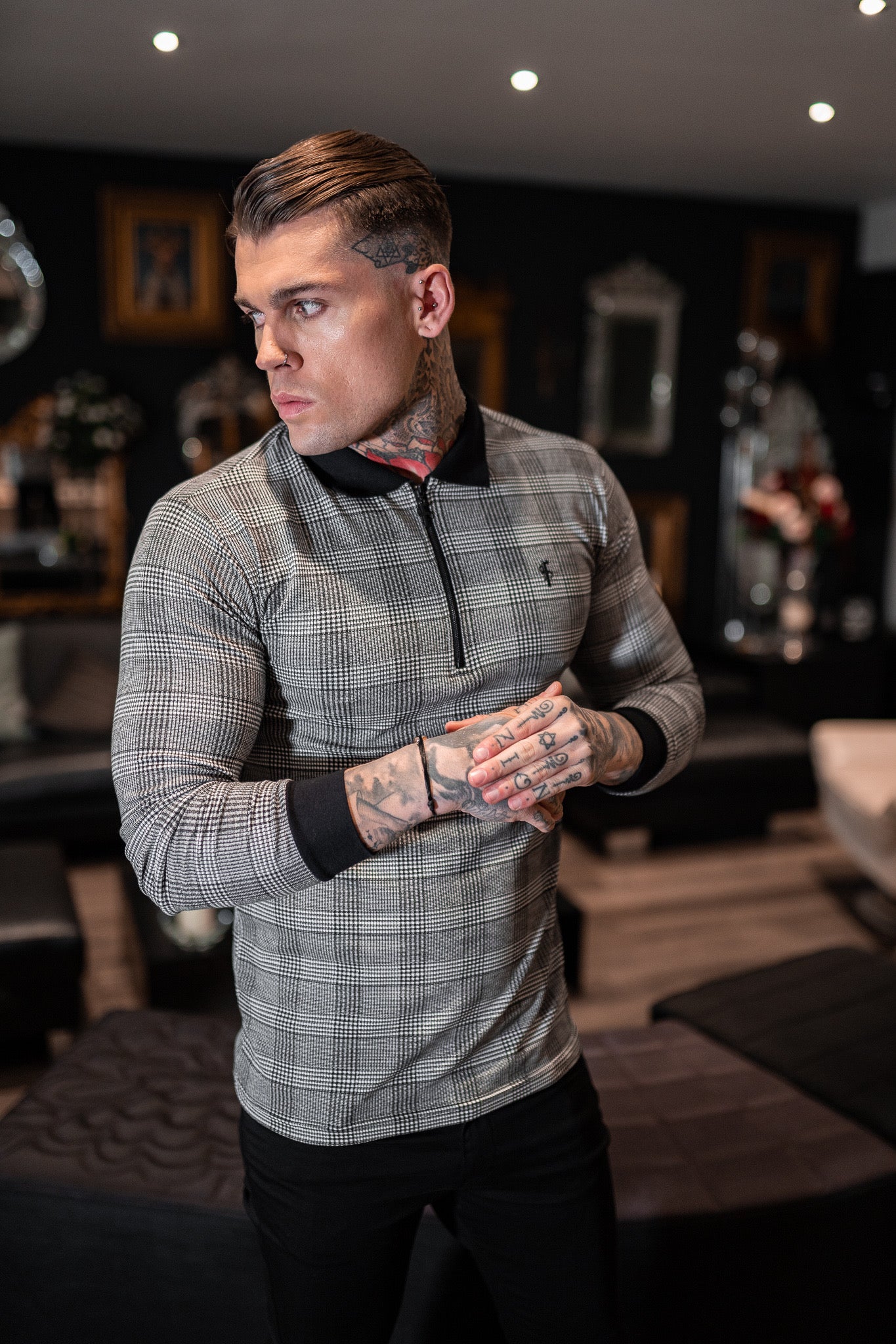 Prince Of Wales Zipped Long Sleeve Polo Shirt- FSH437