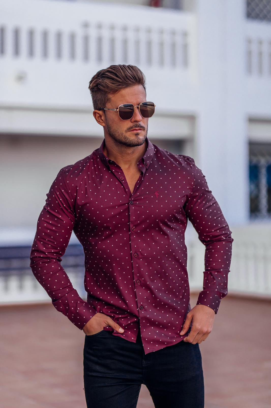 Super Slim Stretch Burgundy & White Circular Print Long Sleeve - FS664