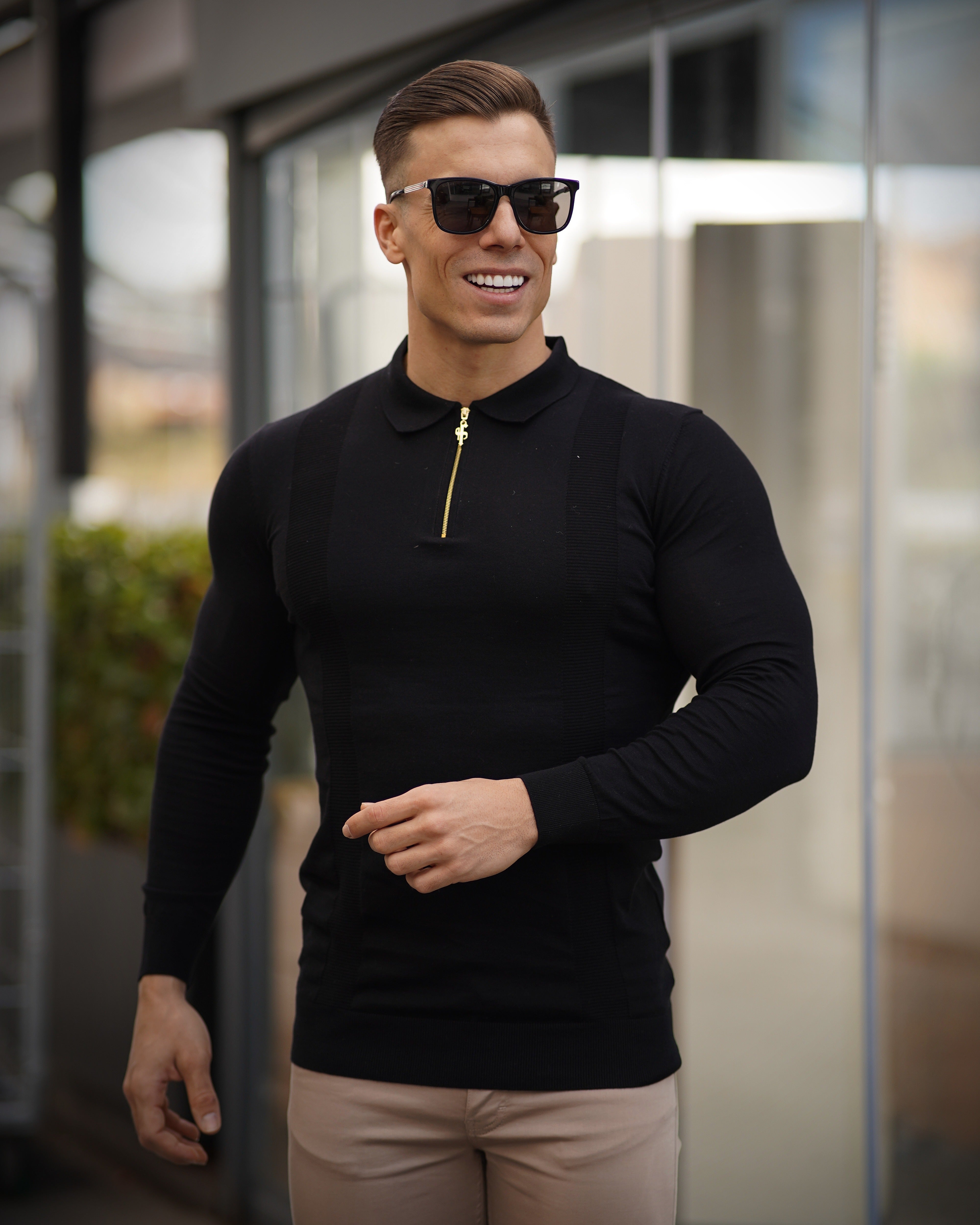 Classic Black and Gold Zip Knitted Long Sleeve Polo Shirt - FSH564