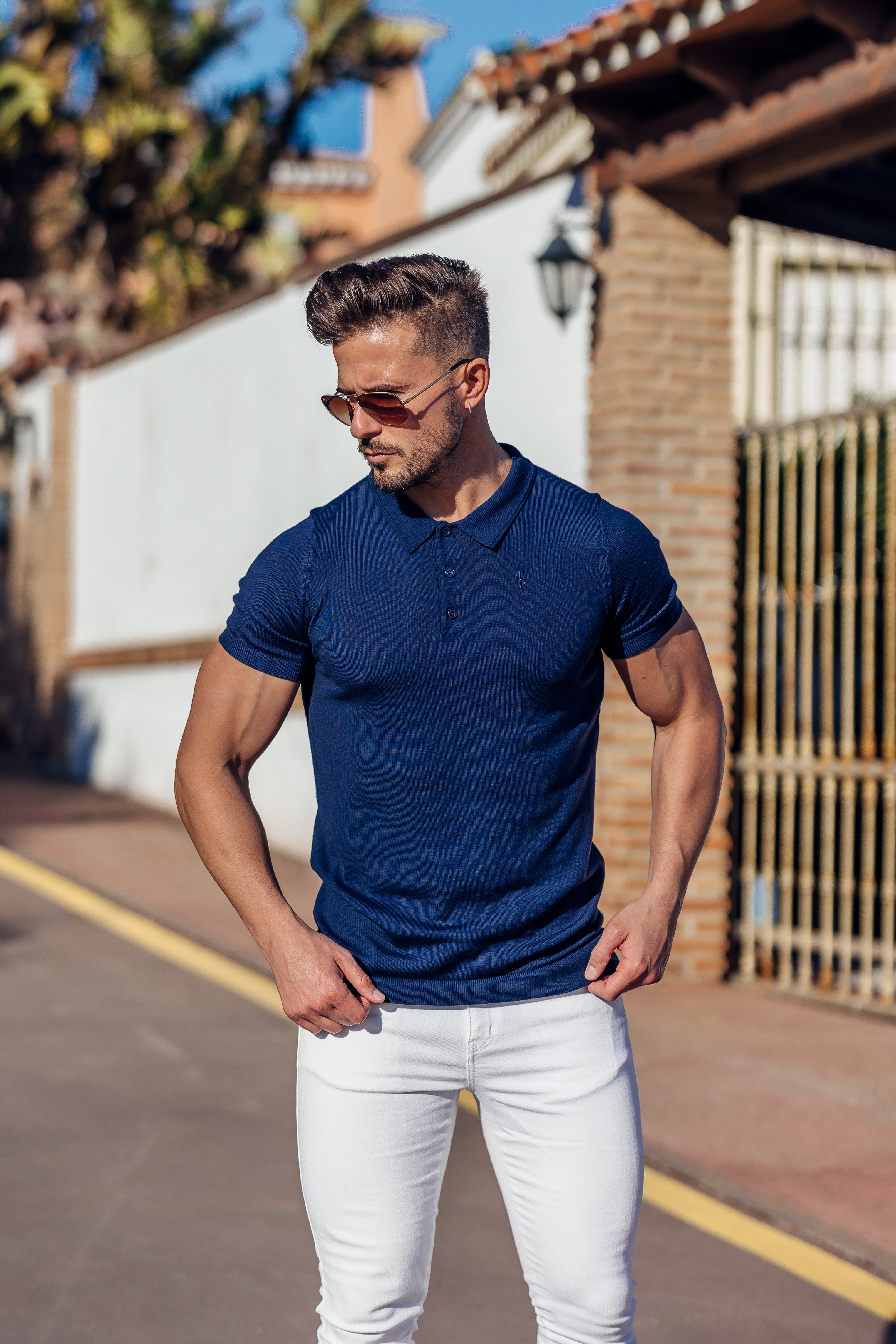 Classic Navy Merino Wool Knitted Polo Jumper Short Sleeve With FS Embroidery- FSN026