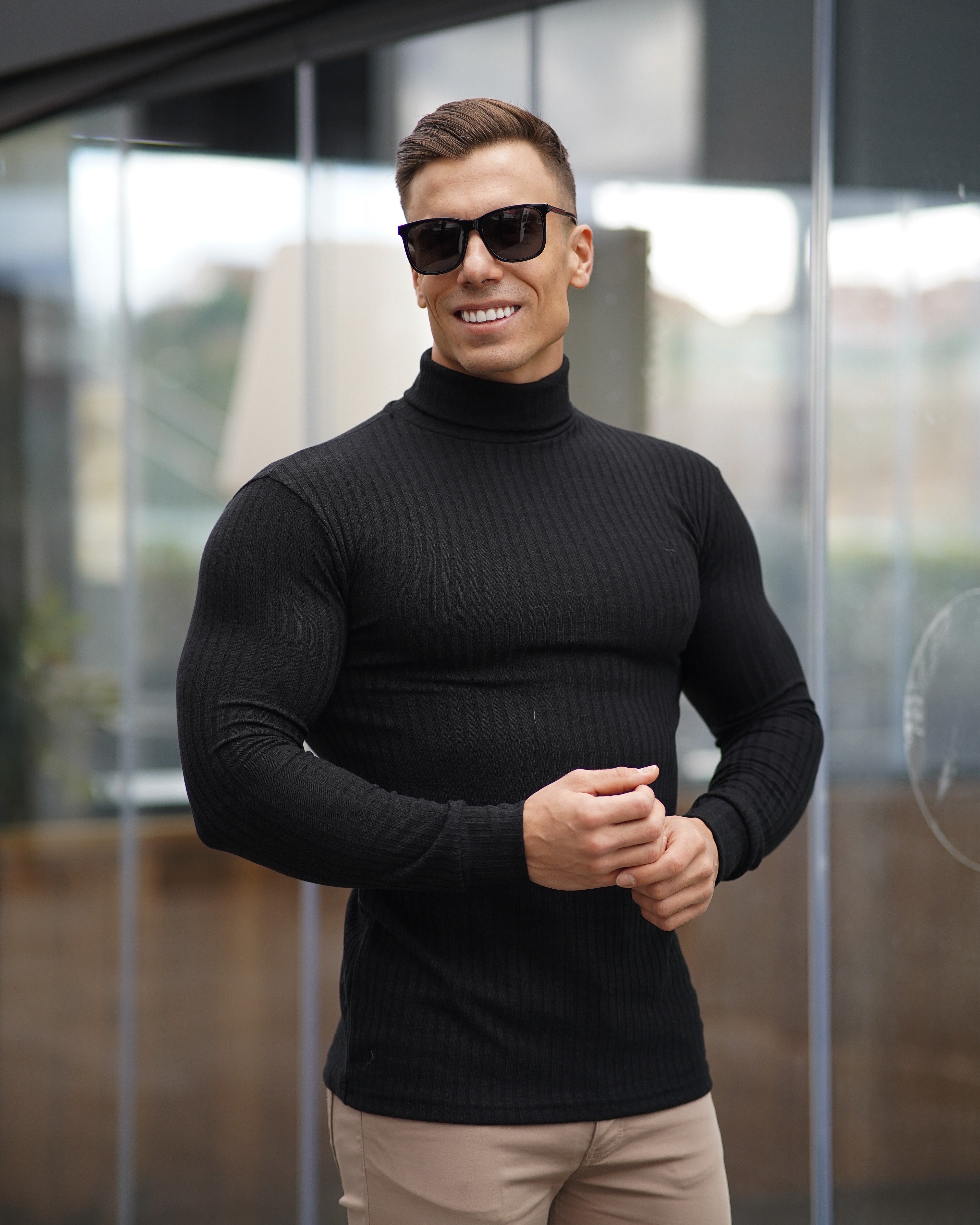 Classic Black Ribbed Knit Roll-neck Jumper - FSH591