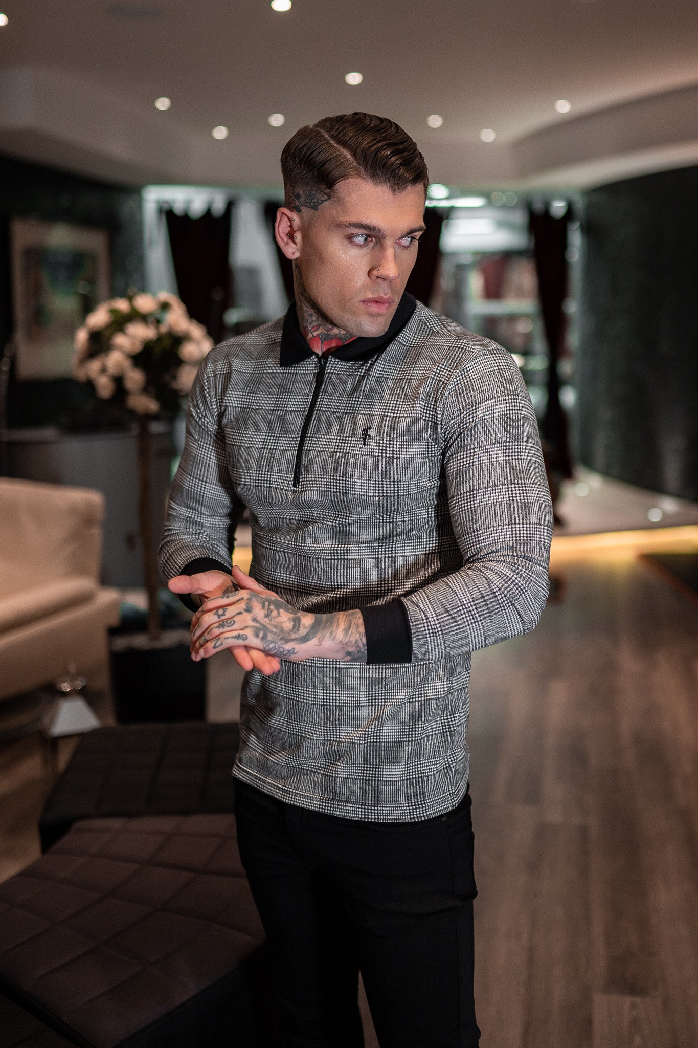 Prince Of Wales Zipped Long Sleeve Polo Shirt- FSH437