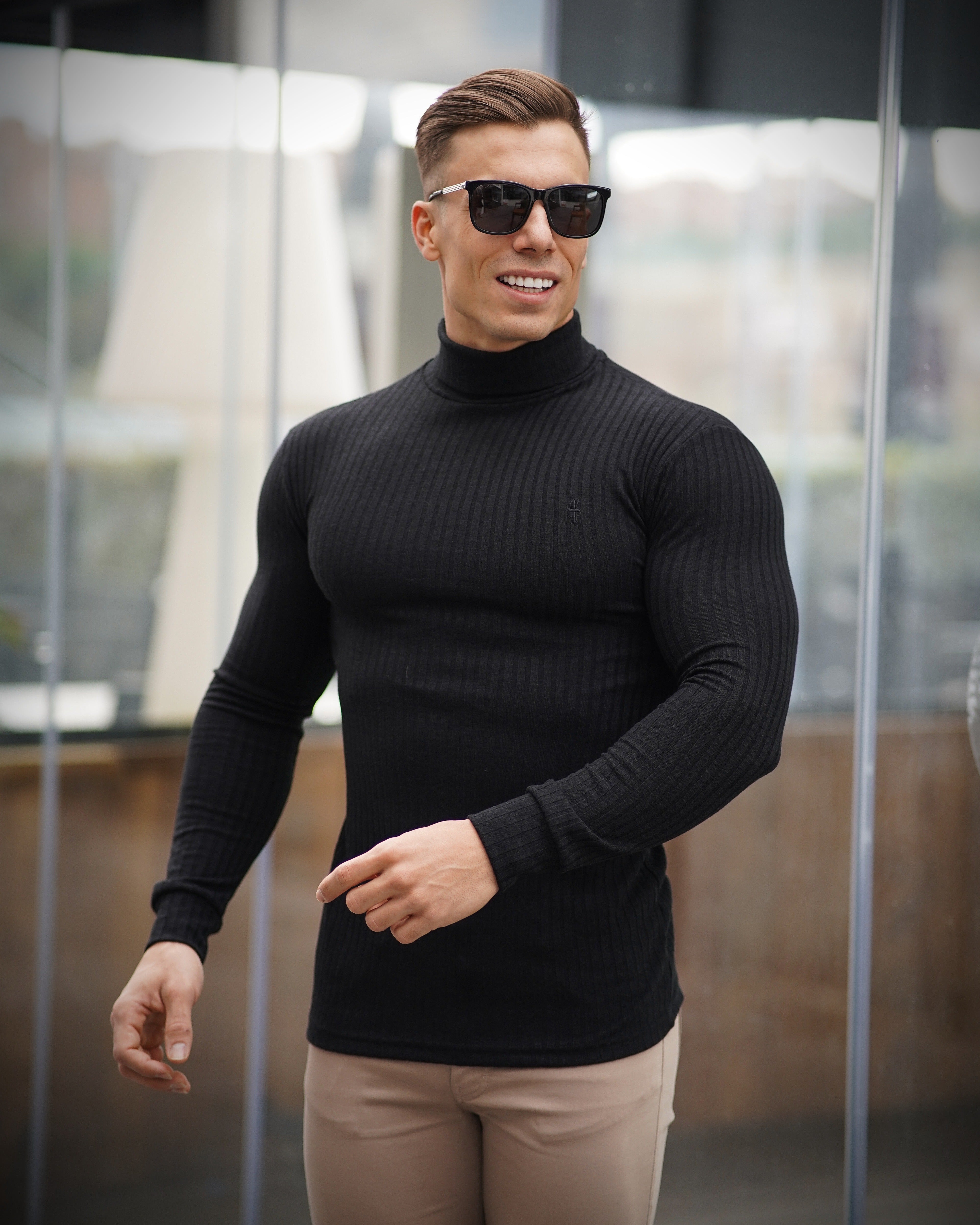 Classic Black Ribbed Knit Roll-neck Jumper - FSH591
