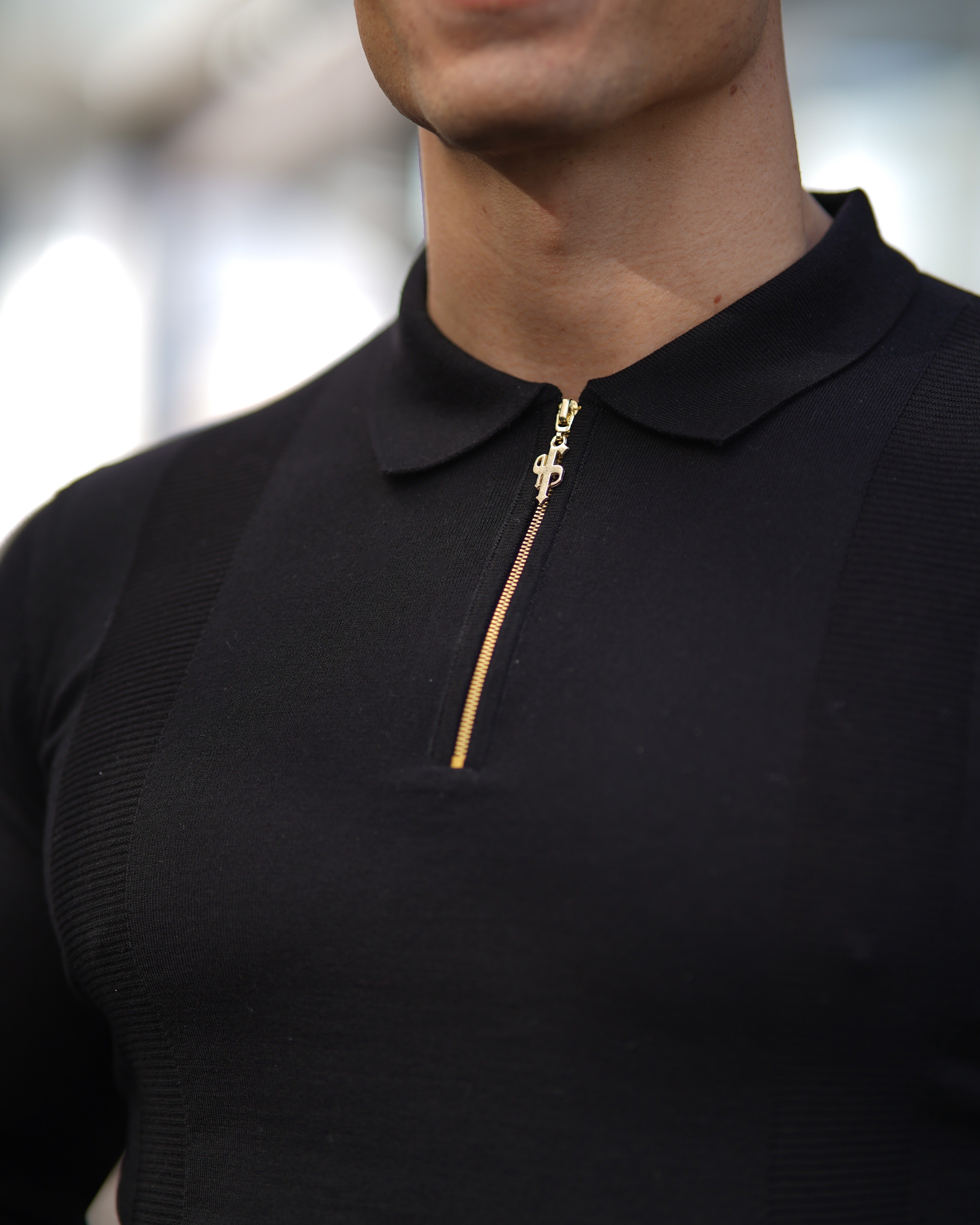 Classic Black and Gold Zip Knitted Long Sleeve Polo Shirt - FSH564