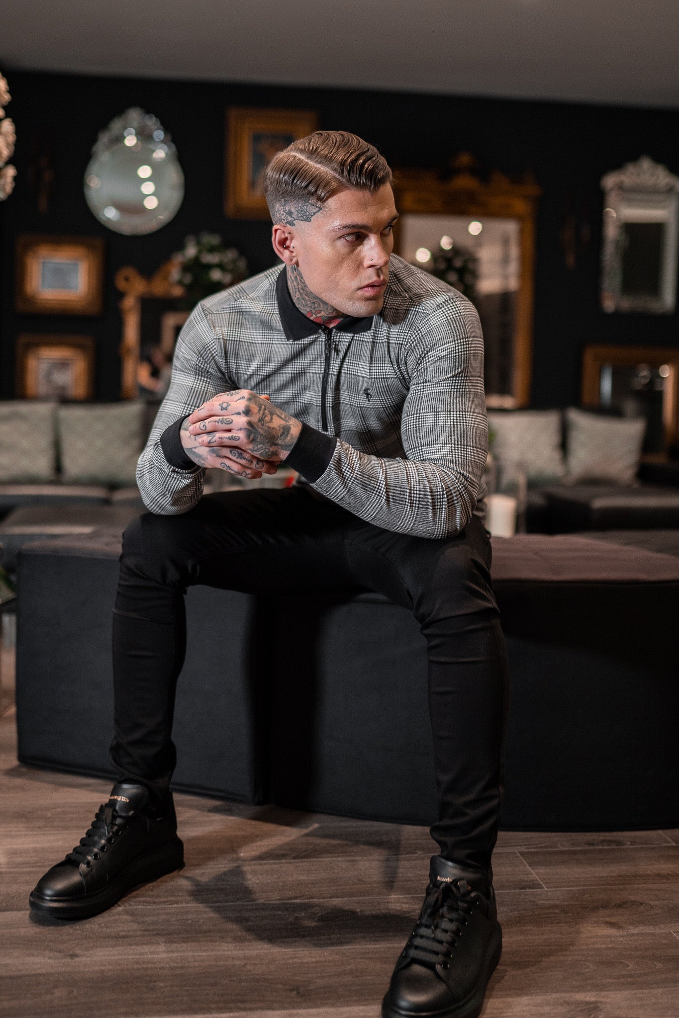 Prince Of Wales Zipped Long Sleeve Polo Shirt- FSH437