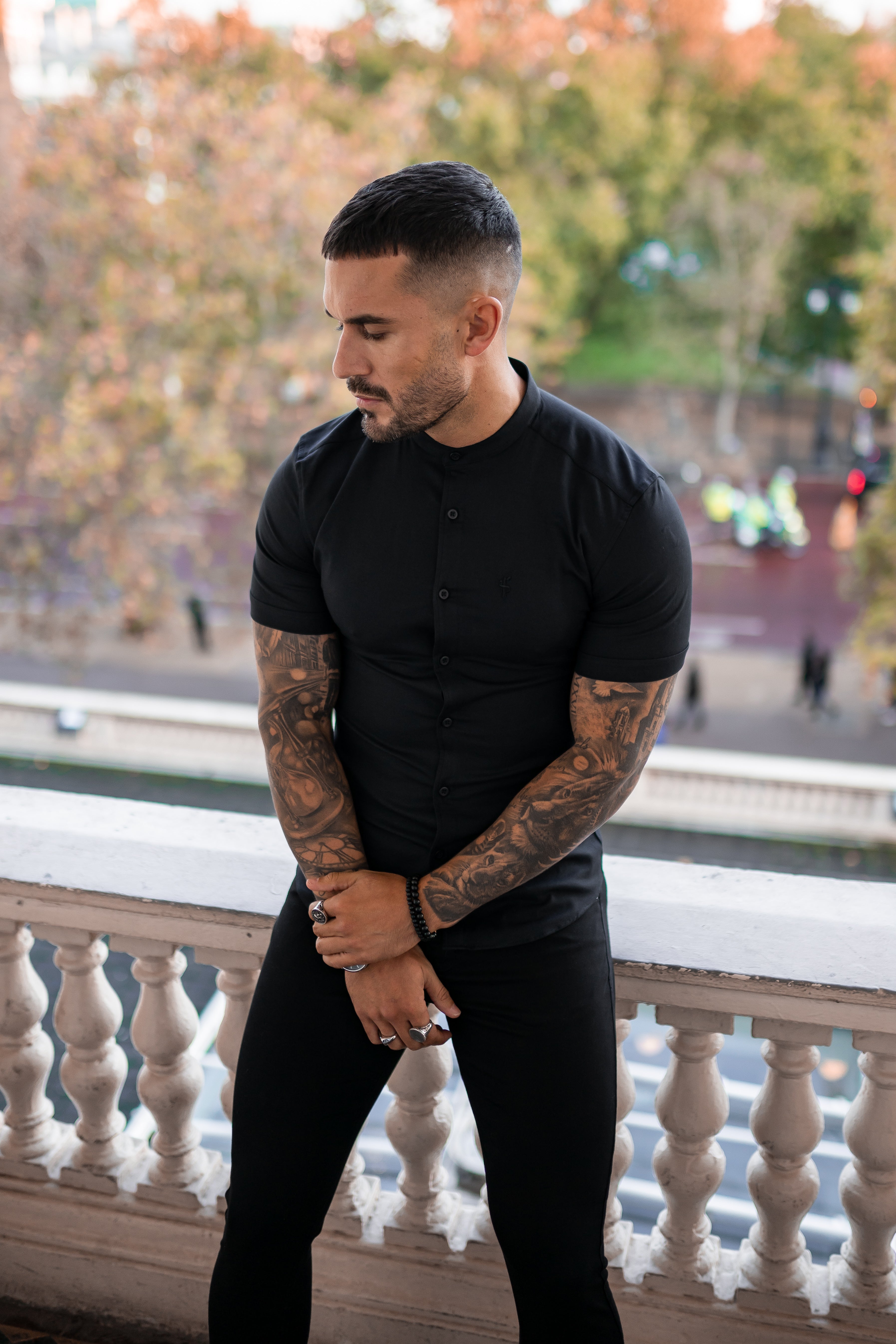 Super Slim Oxford Stretch Classic All Black Grandad Collar Short Sleeve - FS582