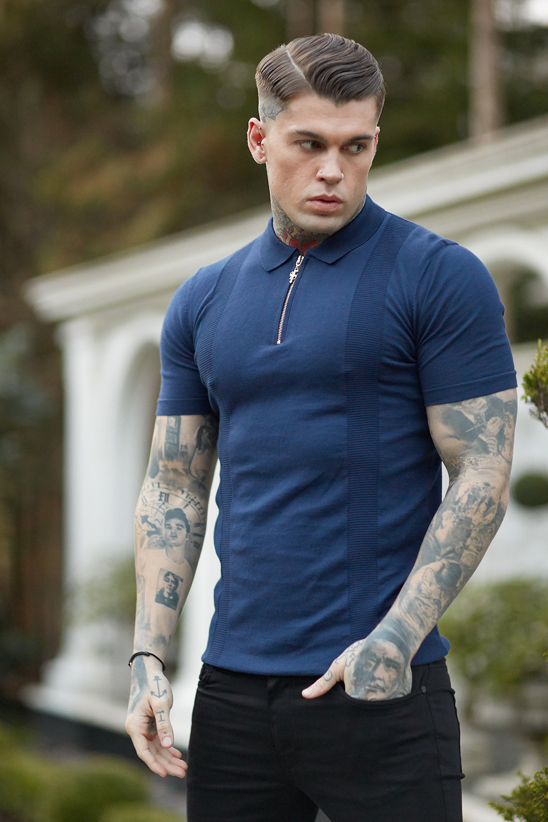 Classic Navy and Gold Zip Knitted Short Sleeve Polo Shirt - FSH417