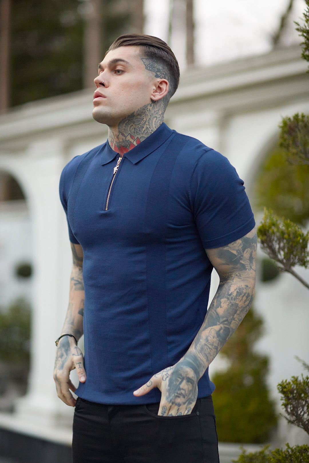 Classic Navy and Gold Zip Knitted Short Sleeve Polo Shirt - FSH417