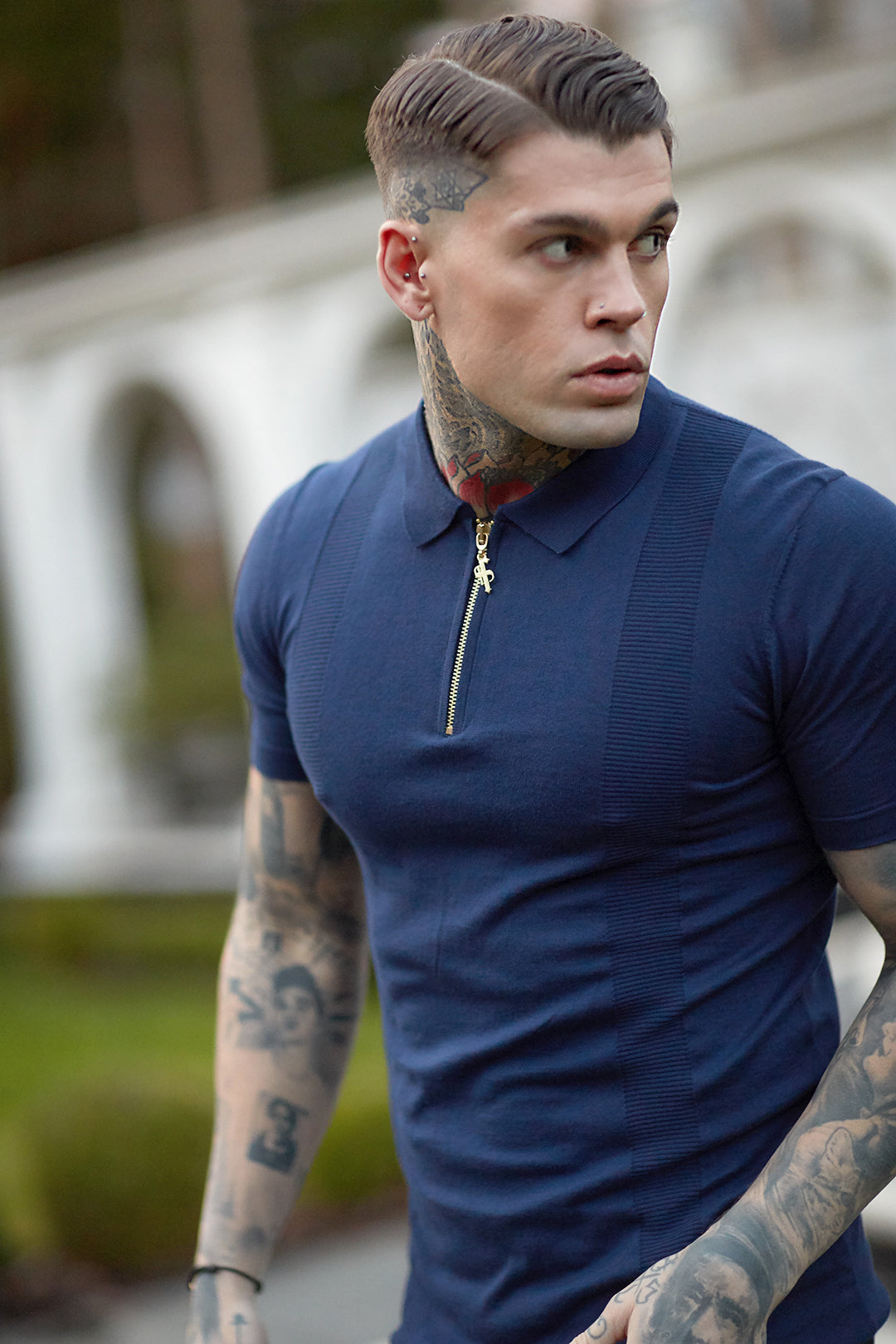 Classic Navy and Gold Zip Knitted Short Sleeve Polo Shirt - FSH417