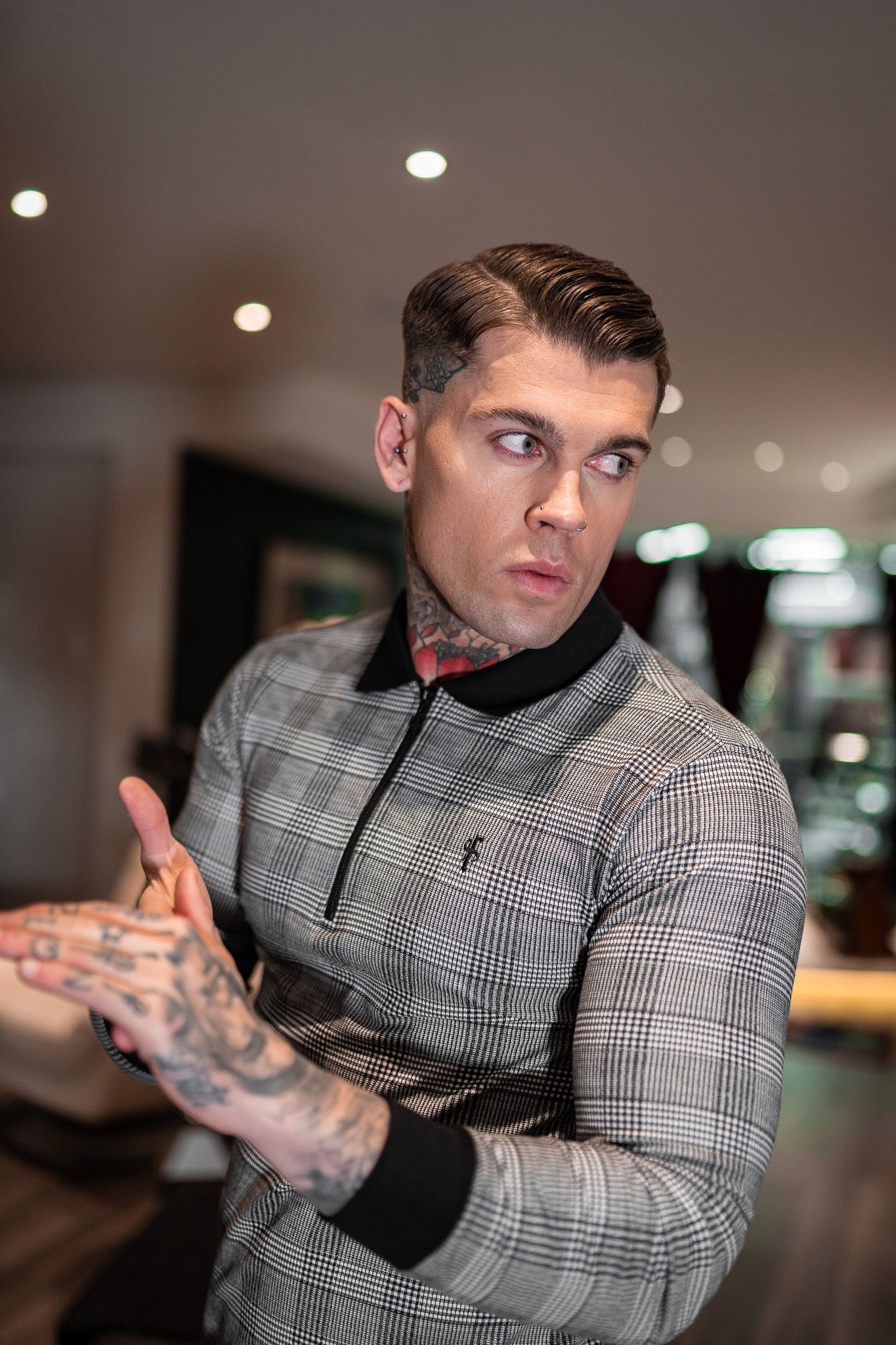 Prince Of Wales Zipped Long Sleeve Polo Shirt- FSH437