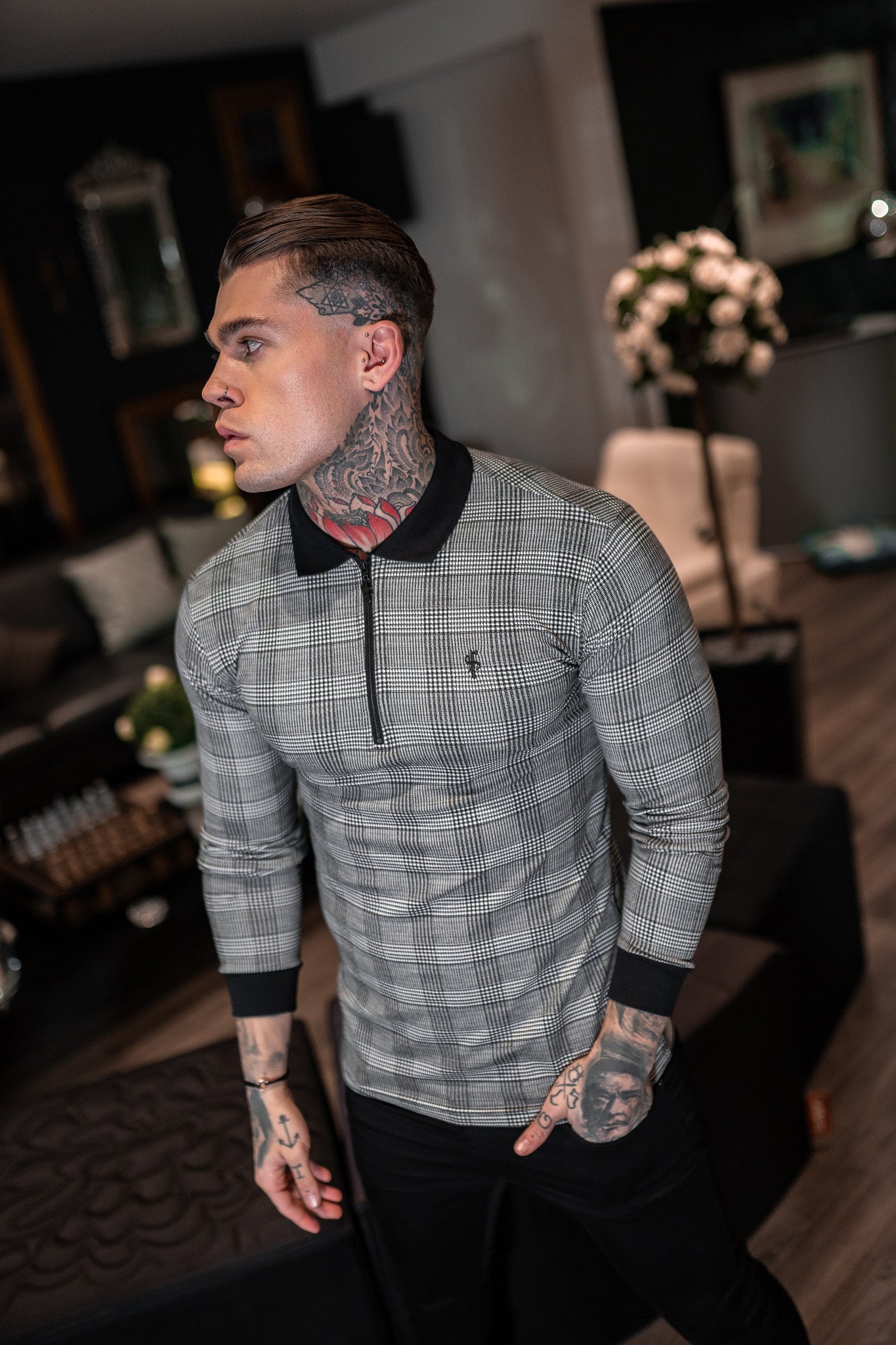 Prince Of Wales Zipped Long Sleeve Polo Shirt- FSH437